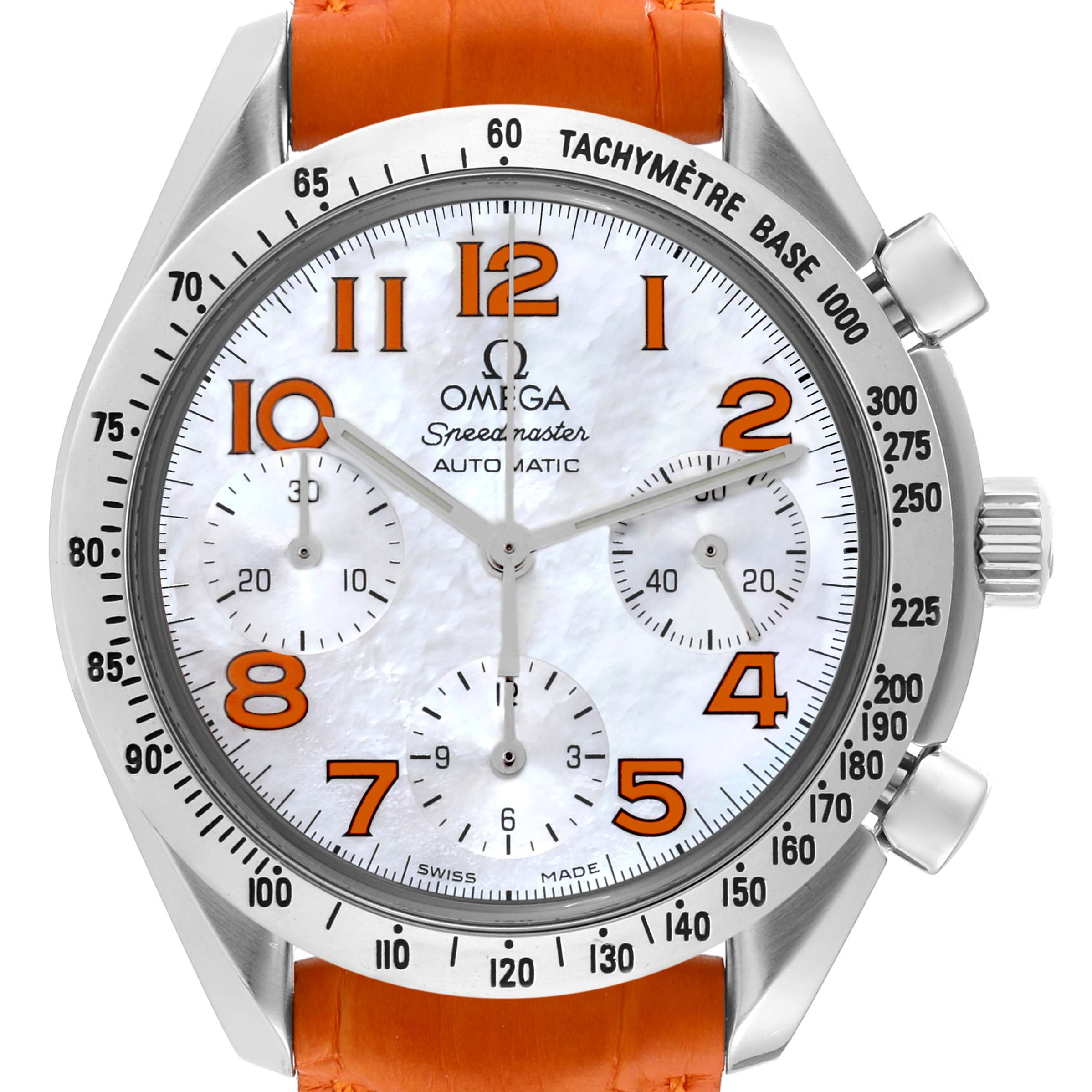 The Omega Speedmaster 3834.78.38 Men's Stainless Steel Mother of Pearl Dial 3834.78.38 Men's Stainless Steel Mother of Pearl Dial watch is shown from a front angle, displaying the face, numerals, chronographs, and orange strap.