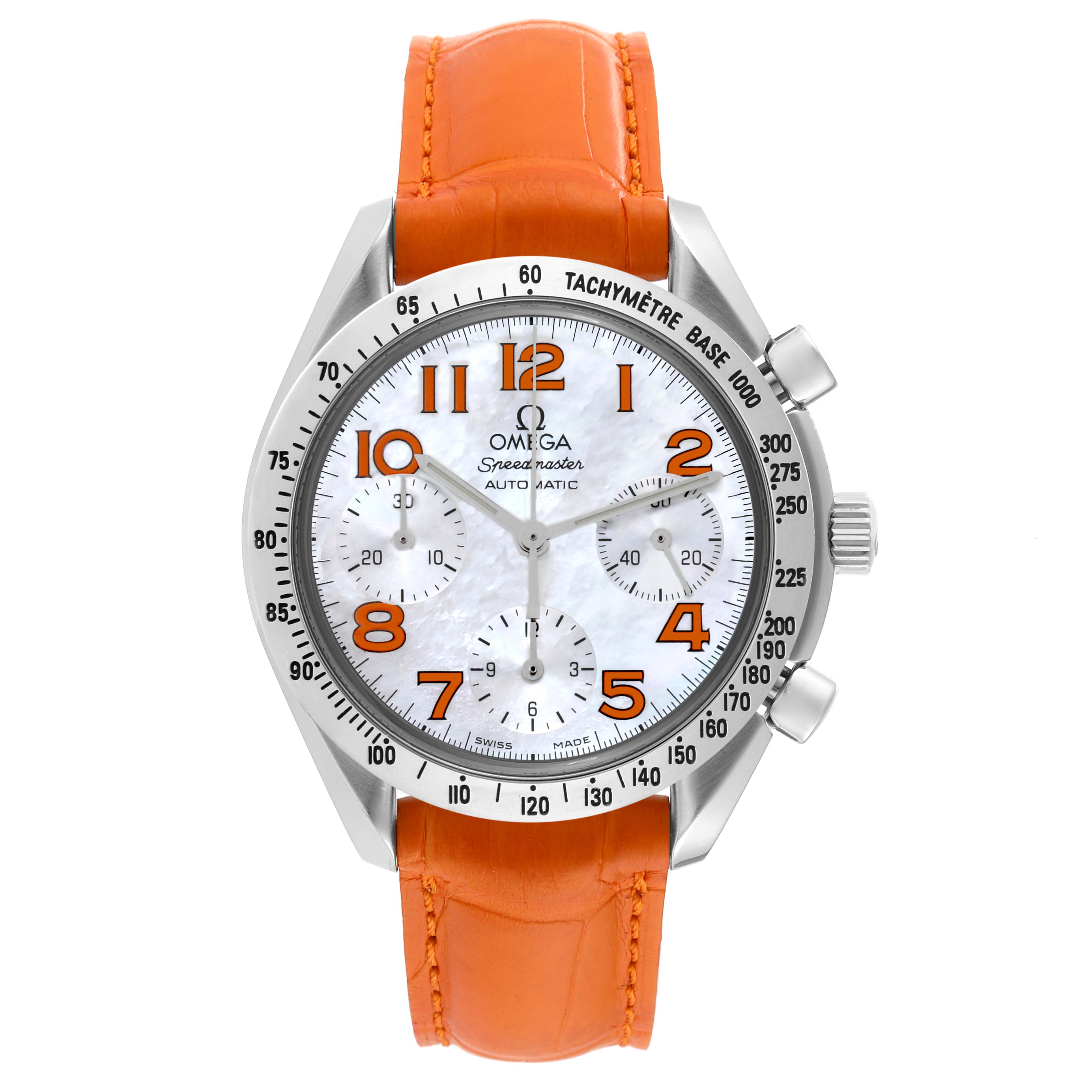 The image displays a frontal view of an Omega Speedmaster 3834.78.38 Men's Stainless Steel Mother of Pearl Dial 3834.78.38 Men's Stainless Steel Mother of Pearl Dial watch with an orange strap and a tachymeter bezel.