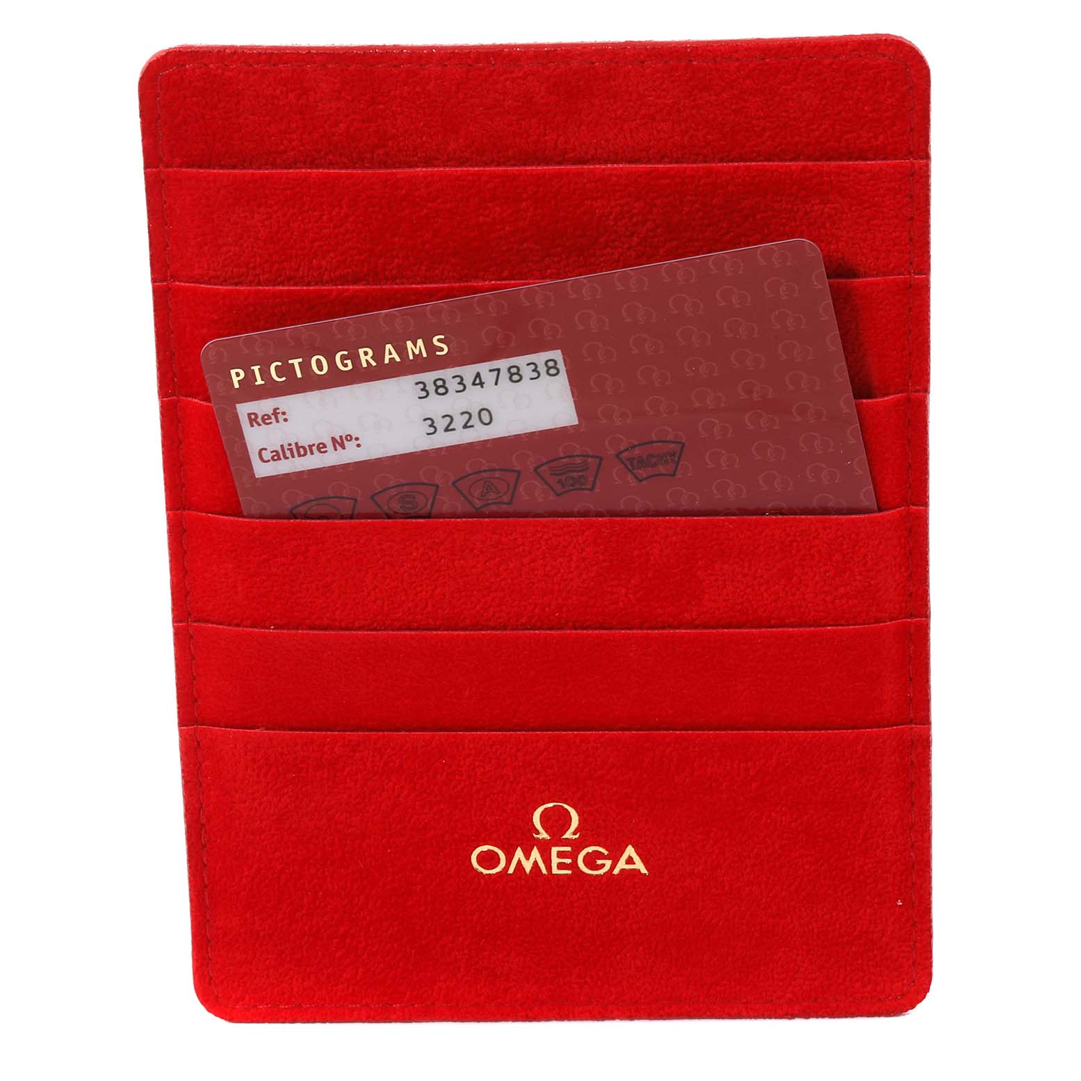 This image shows a red Omega cardholder with a pictogram card for the Omega Speedmaster 3834.78.38 Men's Stainless Steel Mother of Pearl Dial 3834.78.38 Men's Stainless Steel Mother of Pearl Dial model.