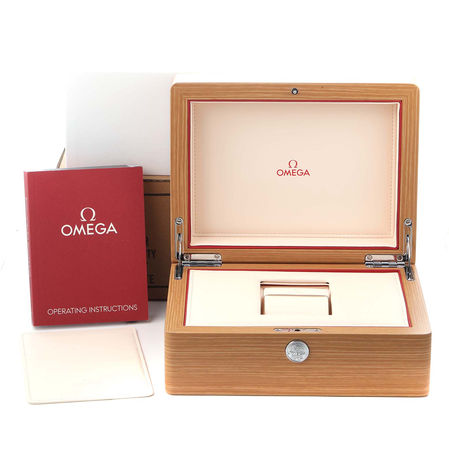 The image shows an open Omega Speedmaster 326.30.40.50.02.001 Men
s Stainless Steel Silver Dial 326.30.40.50.02.001 Men
s Stainless Steel Silver Dial watch box with accompanying red instruction manuals.