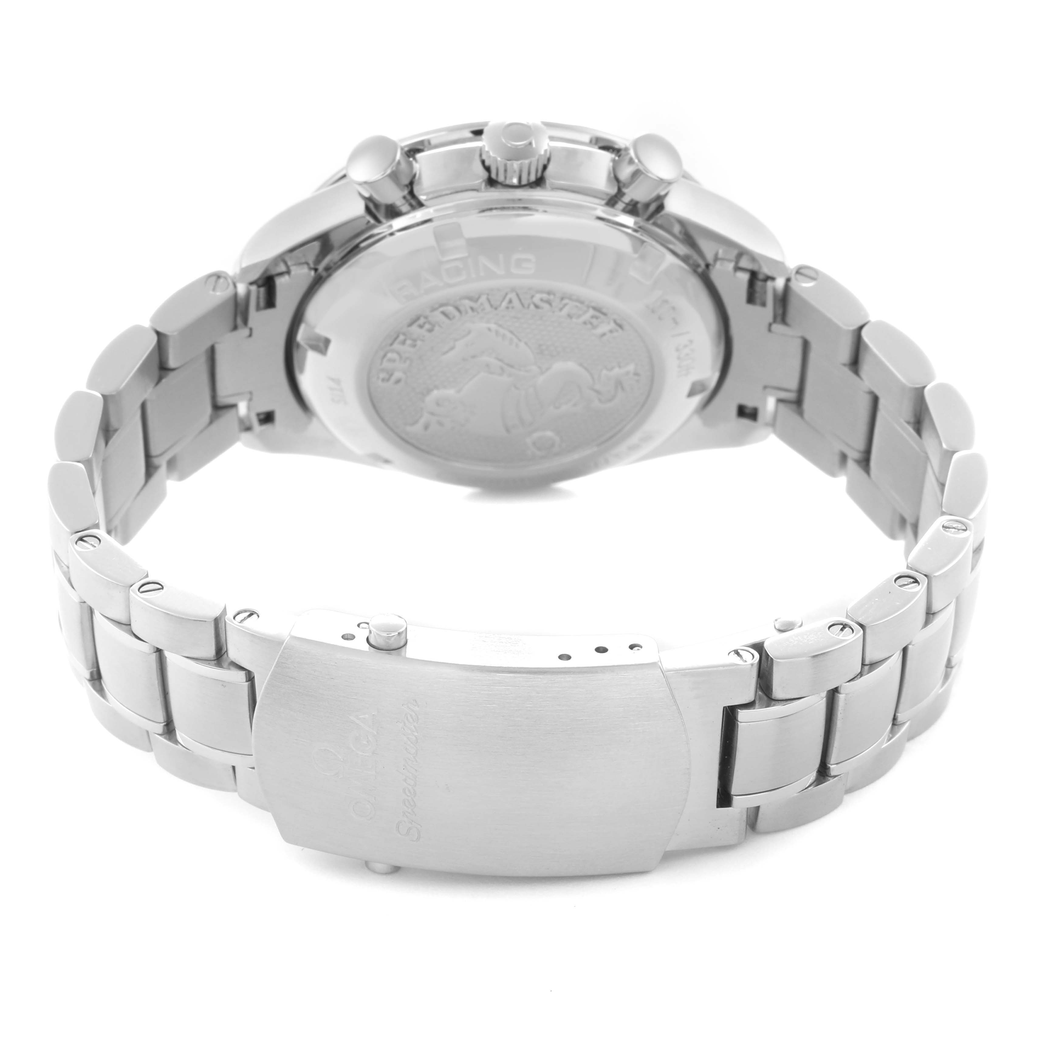 The Omega Speedmaster 326.30.40.50.02.001 Men
s Stainless Steel Silver Dial 326.30.40.50.02.001 Men
s Stainless Steel Silver Dial is shown from the back, highlighting its case back, bracelet, and clasp detailing.