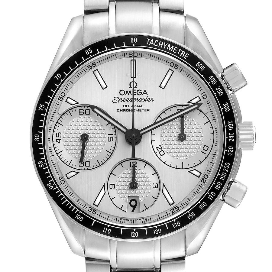 The Omega Speedmaster watch is shown from the front, displaying its face, tachymeter bezel, and side pushers.
