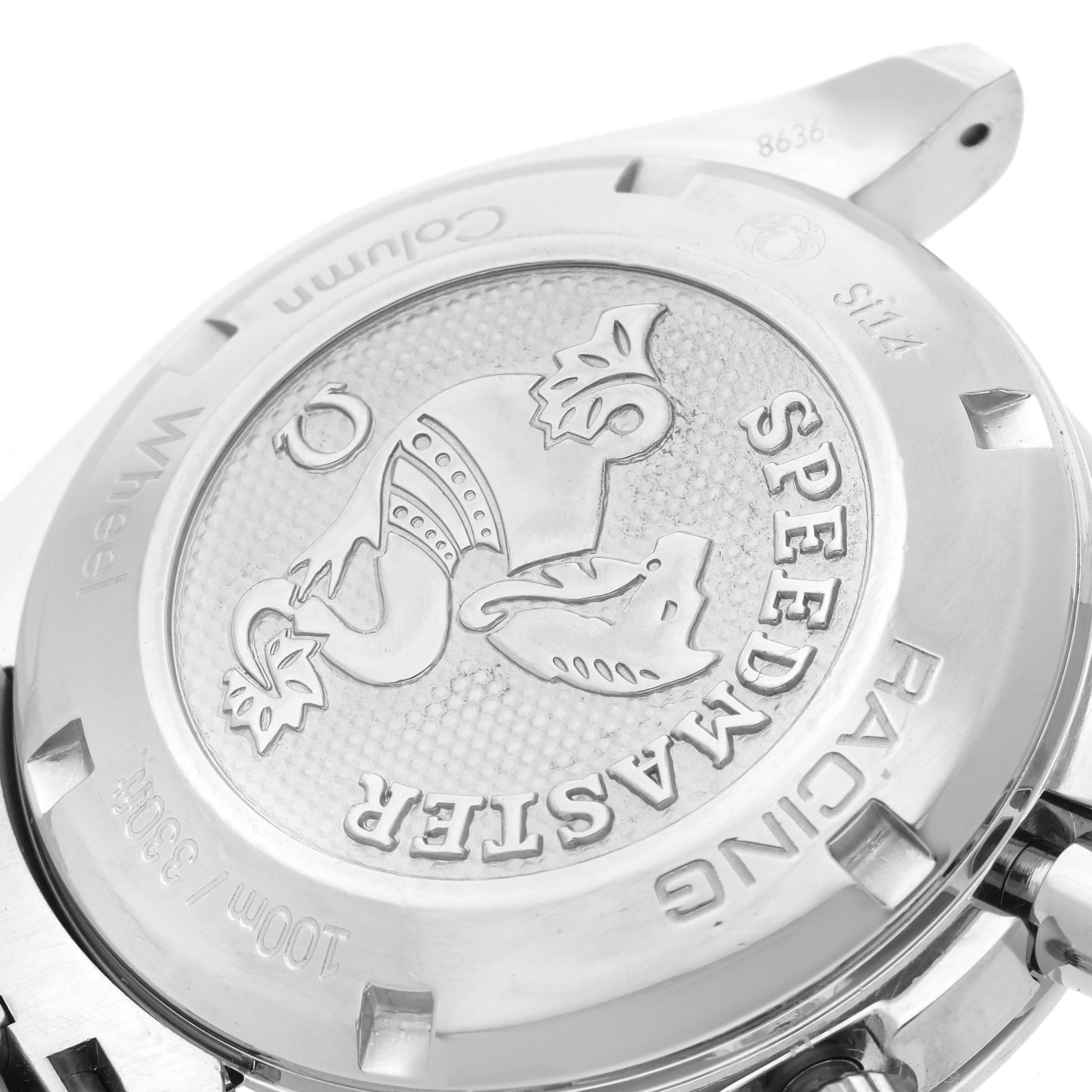 The image shows the case back of an Omega Speedmaster 326.30.40.50.02.001 Men
s Stainless Steel Silver Dial 326.30.40.50.02.001 Men
s Stainless Steel Silver Dial watch at an angled perspective, highlighting its embossed logo and engravings.