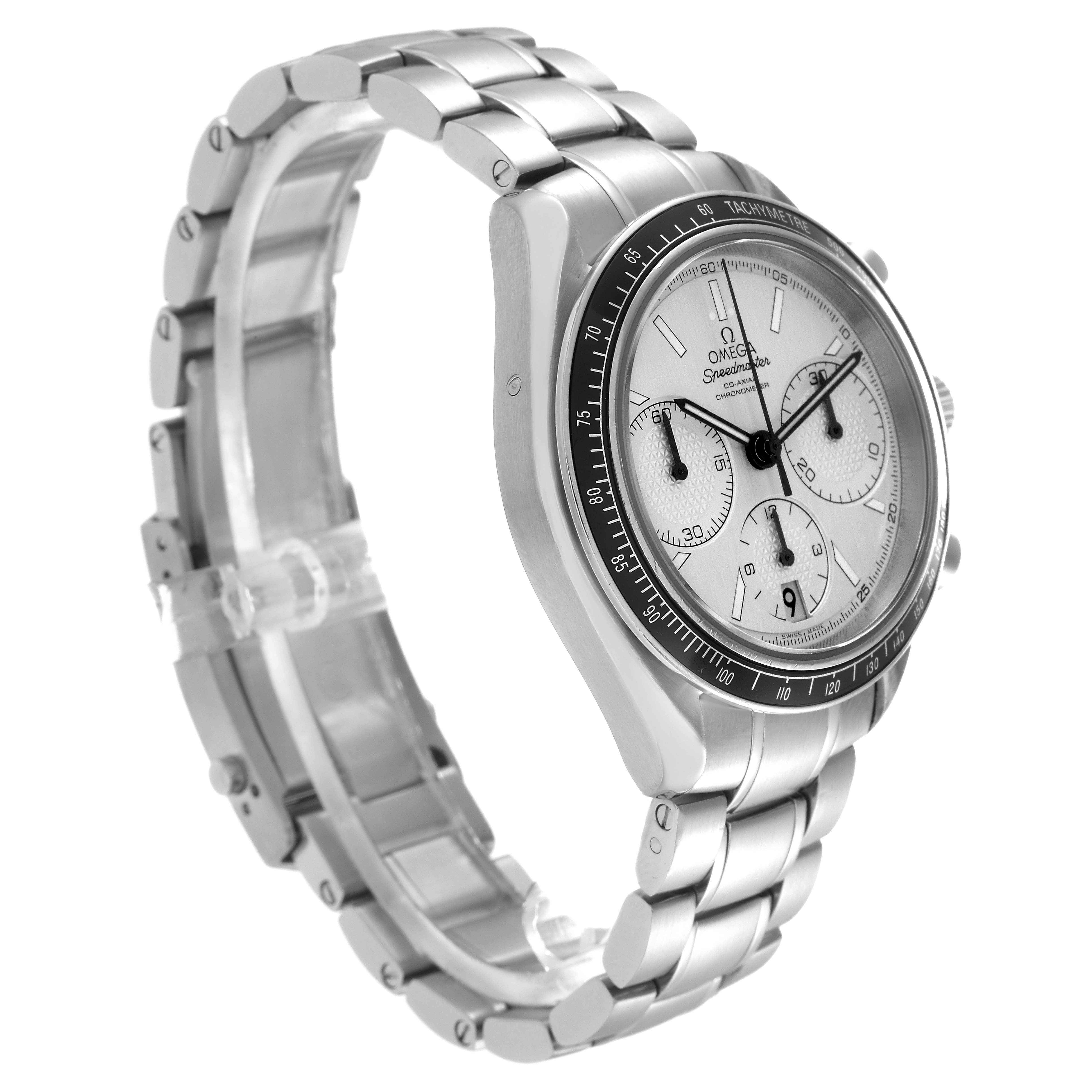The Omega Speedmaster 326.30.40.50.02.001 Men
s Stainless Steel Silver Dial 326.30.40.50.02.001 Men
s Stainless Steel Silver Dial is shown at a slight angle, displaying the dial, tachymeter bezel, and linked bracelet.