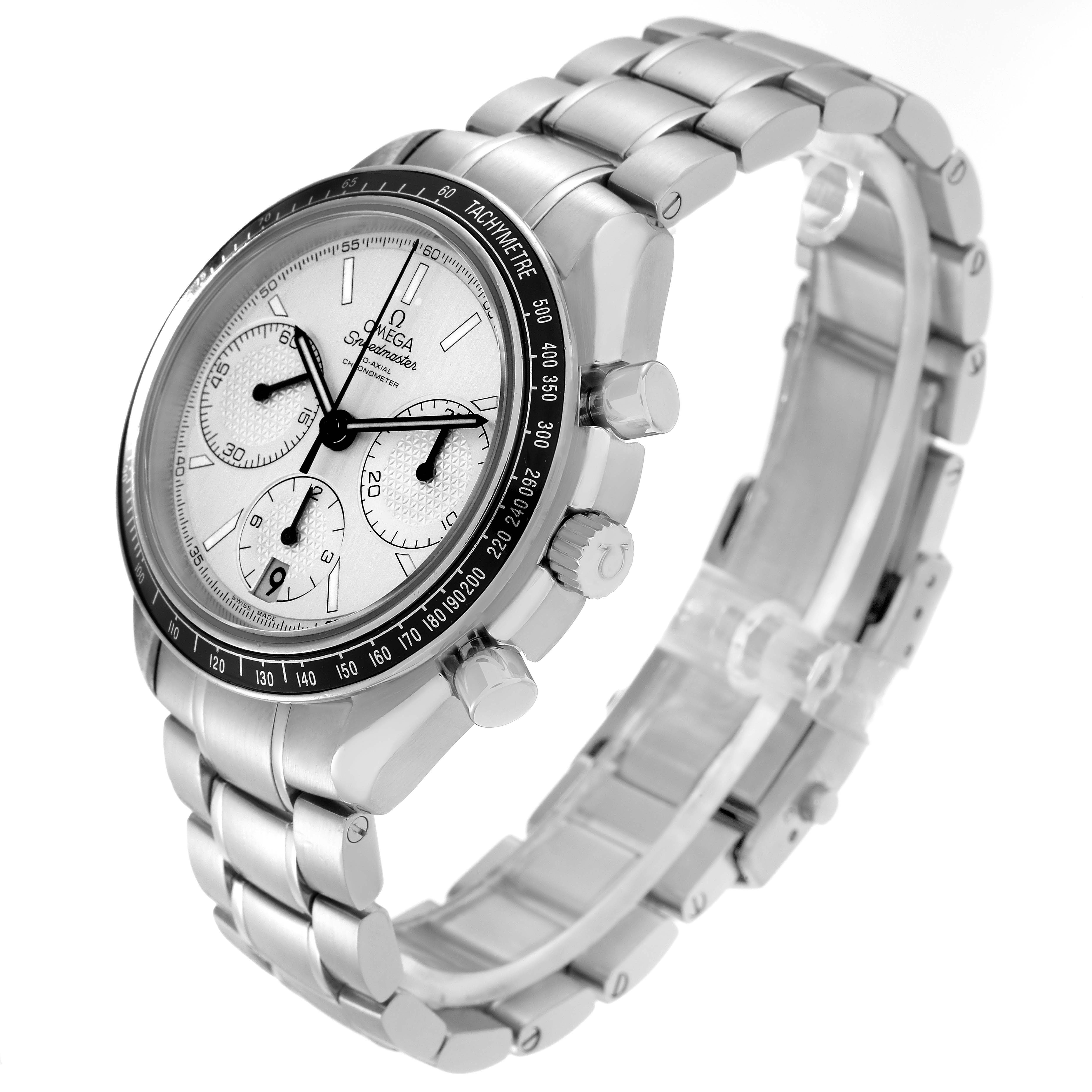 The Omega Speedmaster 326.30.40.50.02.001 Men
s Stainless Steel Silver Dial 326.30.40.50.02.001 Men
s Stainless Steel Silver Dial watch is shown at an angled side view, highlighting the dial, bezel, and stainless steel bracelet.