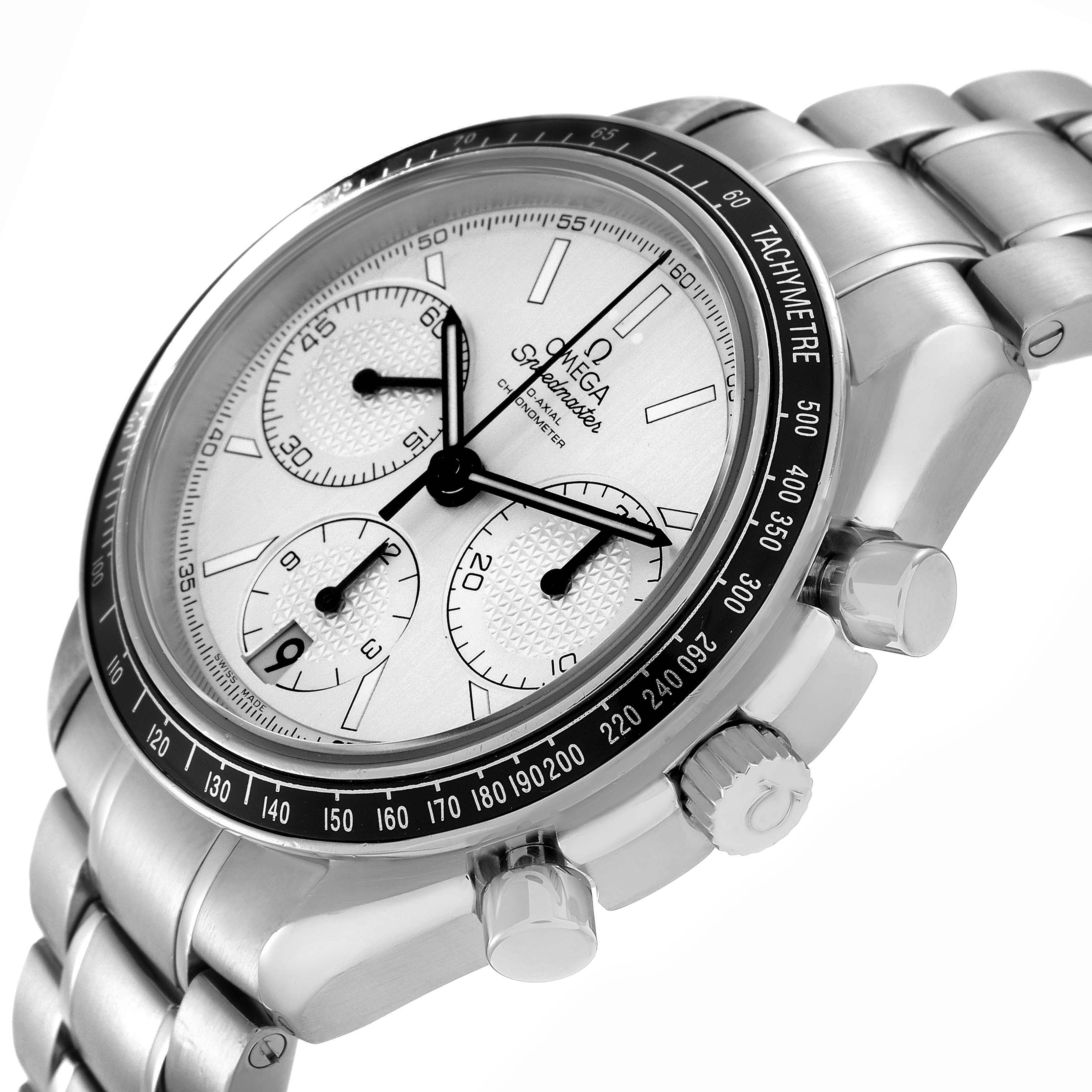 The Omega Speedmaster 326.30.40.50.02.001 Men
s Stainless Steel Silver Dial 326.30.40.50.02.001 Men
s Stainless Steel Silver Dial watch is shown from a three-quarter angle, highlighting its face, tachymeter bezel, and side pushers.
