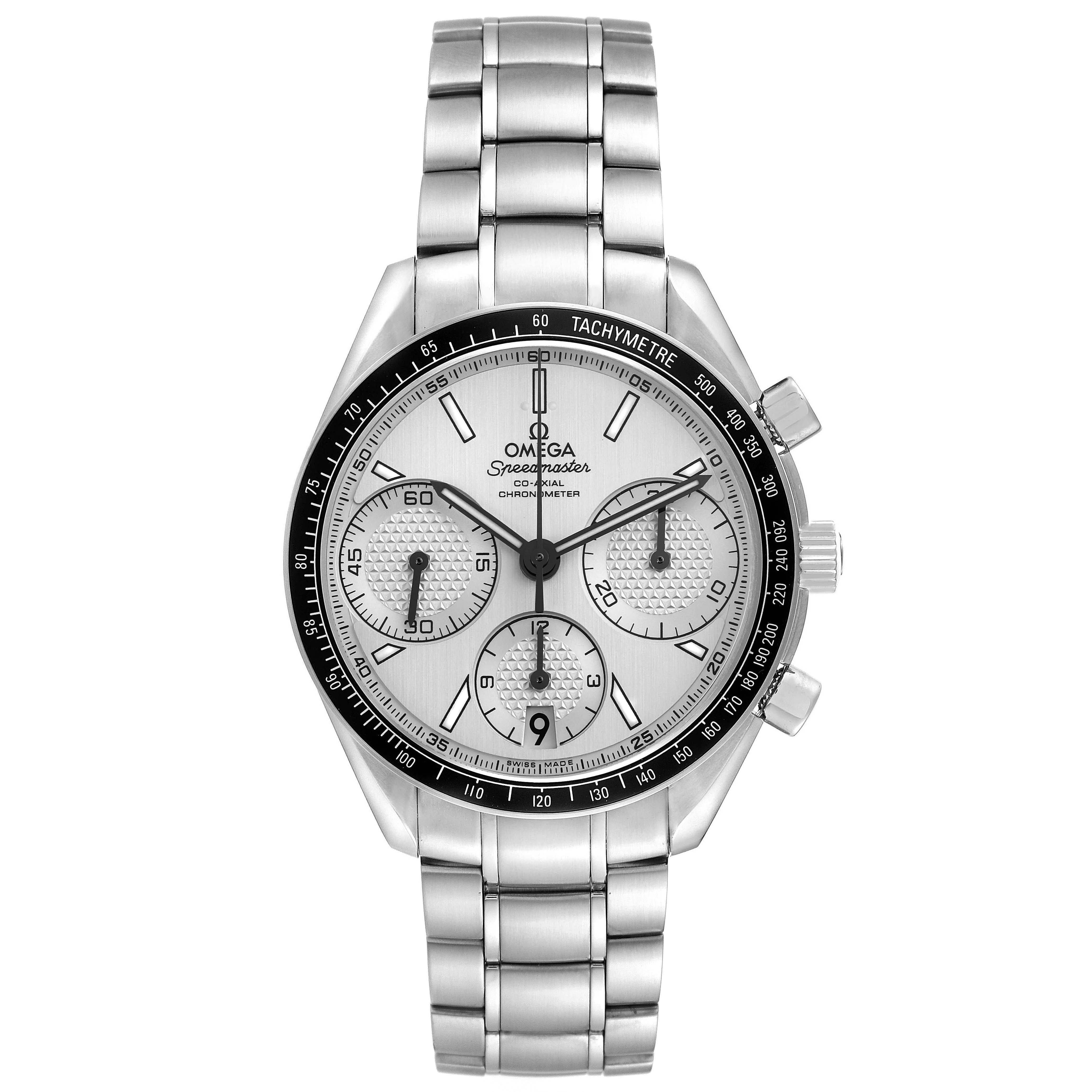 The Omega Speedmaster 326.30.40.50.02.001 Men
s Stainless Steel Silver Dial 326.30.40.50.02.001 Men
s Stainless Steel Silver Dial watch is shown from a top-down angle, displaying the face, tachymeter bezel, pushers, and metal bracelet.