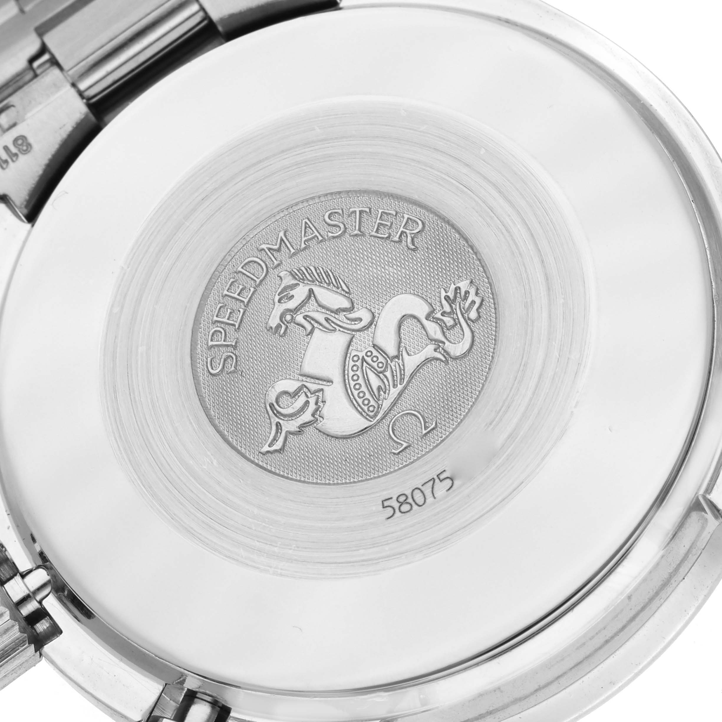 The image shows the back of an Omega Speedmaster 3502.73.00 Men
s Stainless Steel Mother of Pearl Dial 3502.73.00 Men
s Stainless Steel Mother of Pearl Dial watch, highlighting the engraved emblem and model details.