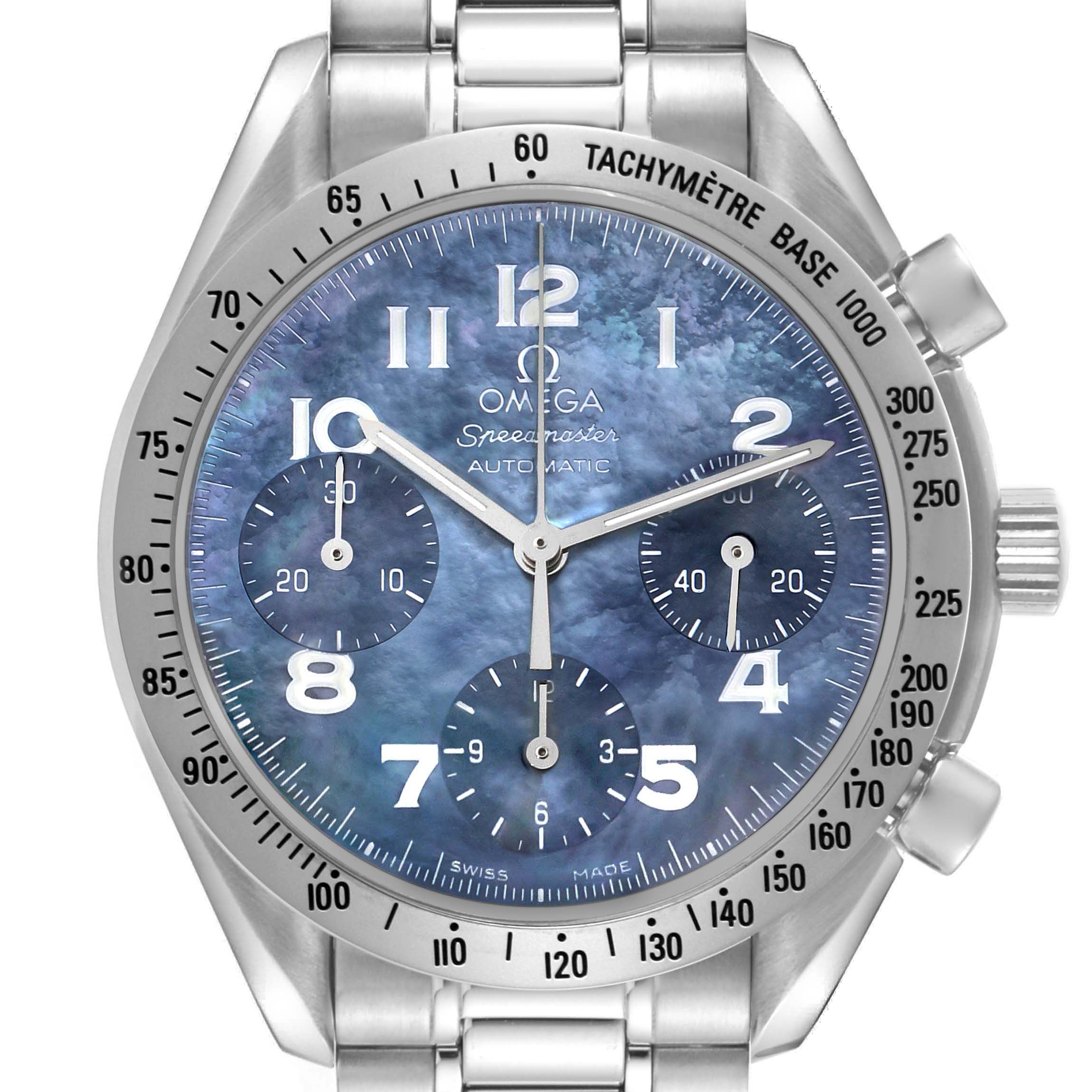 The Omega Speedmaster 3502.73.00 Men
s Stainless Steel Mother of Pearl Dial 3502.73.00 Men
s Stainless Steel Mother of Pearl Dial watch is shown from the front, highlighting its dial, bezel, and pushers.