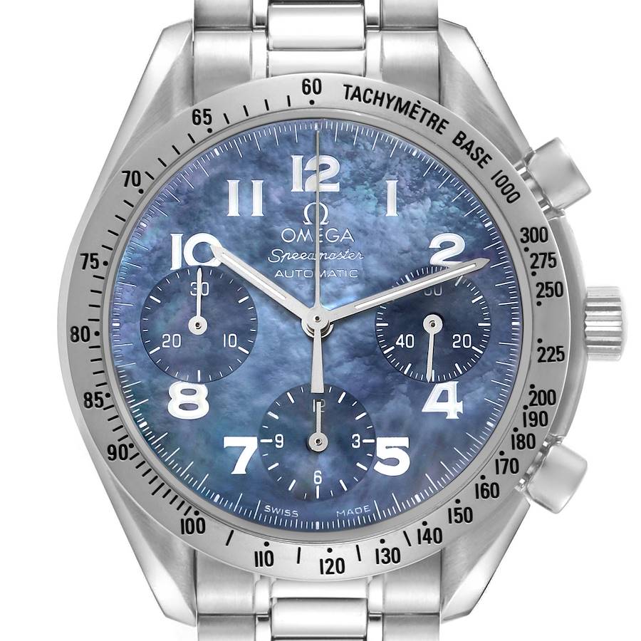 The Omega Speedmaster watch is shown from the front, highlighting its dial, bezel, and pushers.