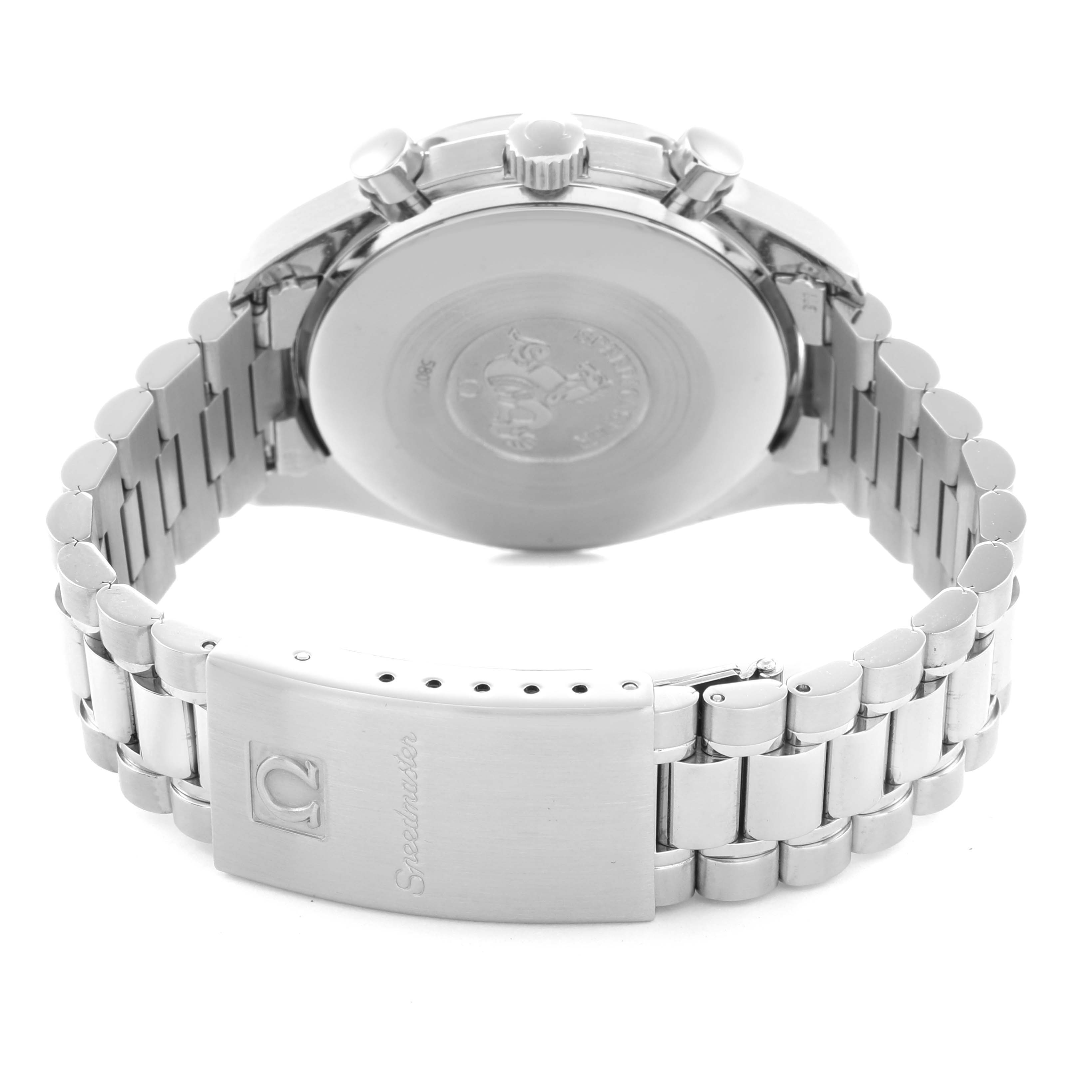 The image shows the rear view of an Omega Speedmaster 3502.73.00 Men
s Stainless Steel Mother of Pearl Dial 3502.73.00 Men
s Stainless Steel Mother of Pearl Dial, highlighting the case back, bracelet, and clasp.