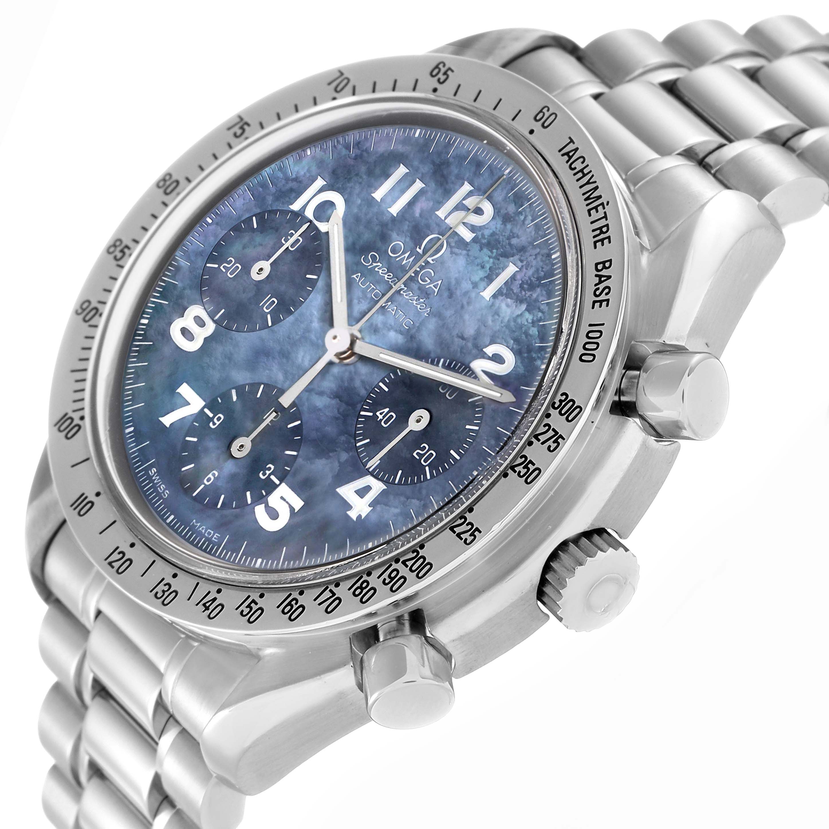 The Omega Speedmaster 3502.73.00 Men
s Stainless Steel Mother of Pearl Dial 3502.73.00 Men
s Stainless Steel Mother of Pearl Dial is shown at an angled close-up, highlighting the dial, tachymeter bezel, crown, pushers, and metallic bracelet.