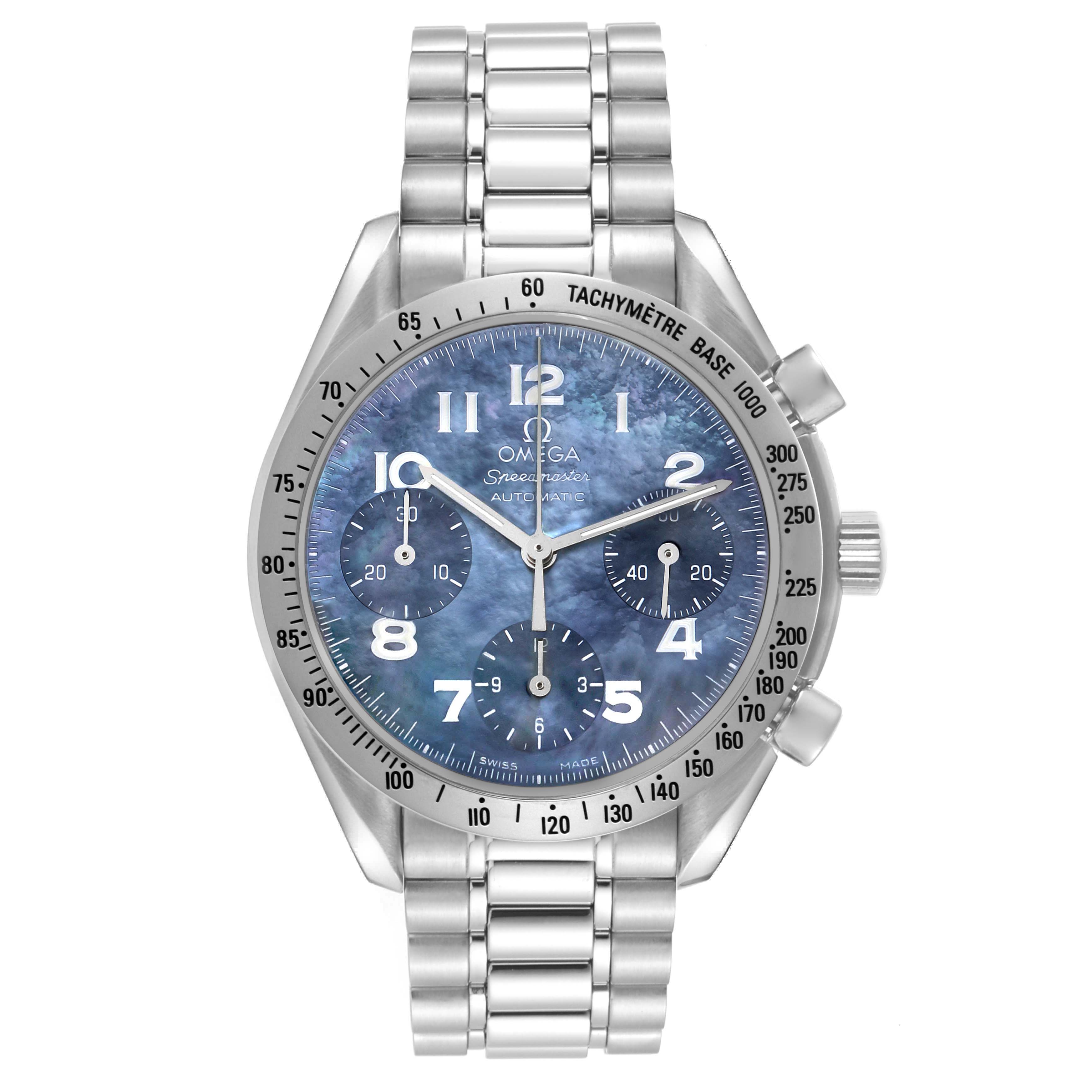 The Omega Speedmaster 3502.73.00 Men
s Stainless Steel Mother of Pearl Dial 3502.73.00 Men
s Stainless Steel Mother of Pearl Dial watch is shown from the front, displaying its dial, bezel, and metal bracelet.