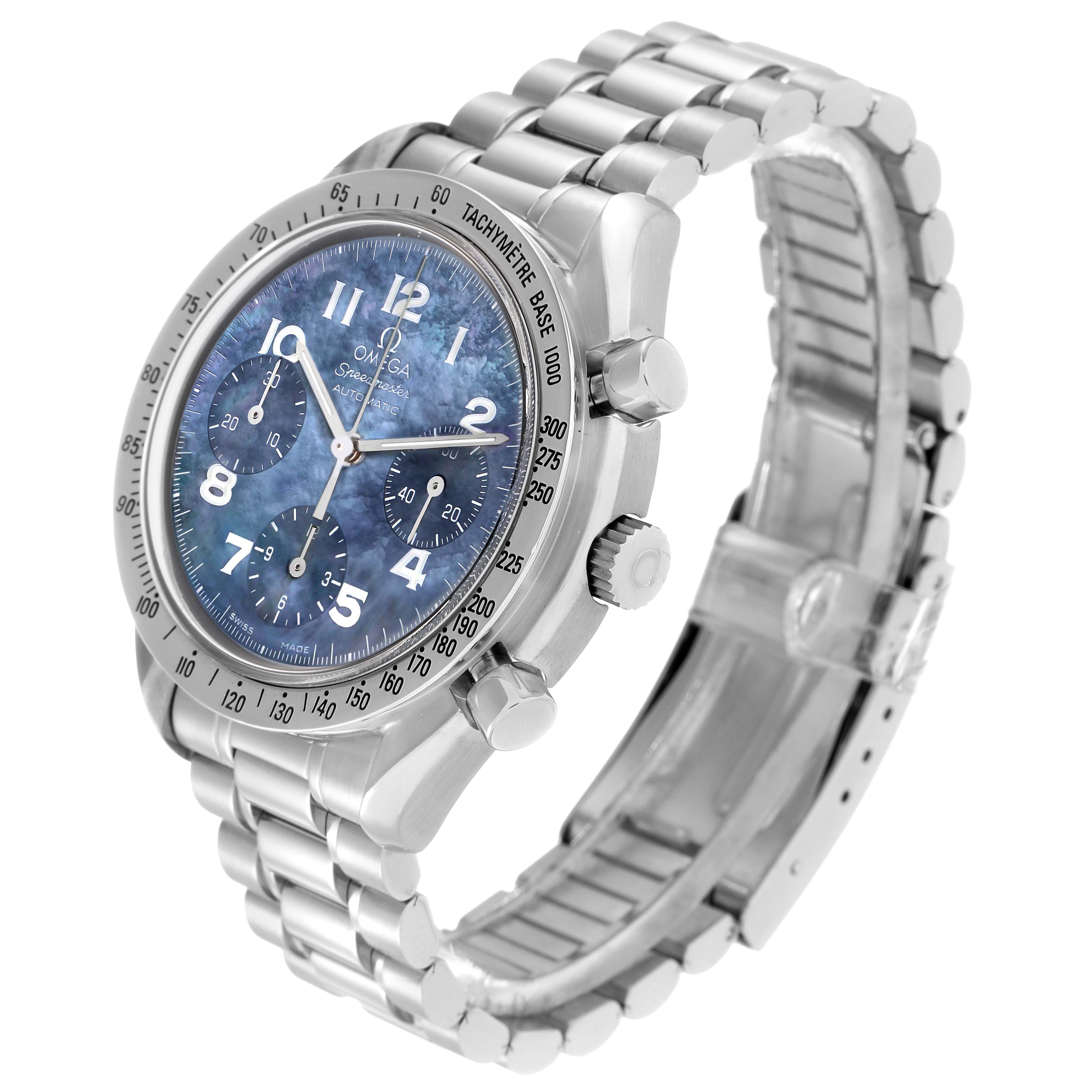 The Omega Speedmaster 3502.73.00 Men
s Stainless Steel Mother of Pearl Dial 3502.73.00 Men
s Stainless Steel Mother of Pearl Dial is shown at an angled side view highlighting the dial, bezel, pushers, crown, and metal bracelet.