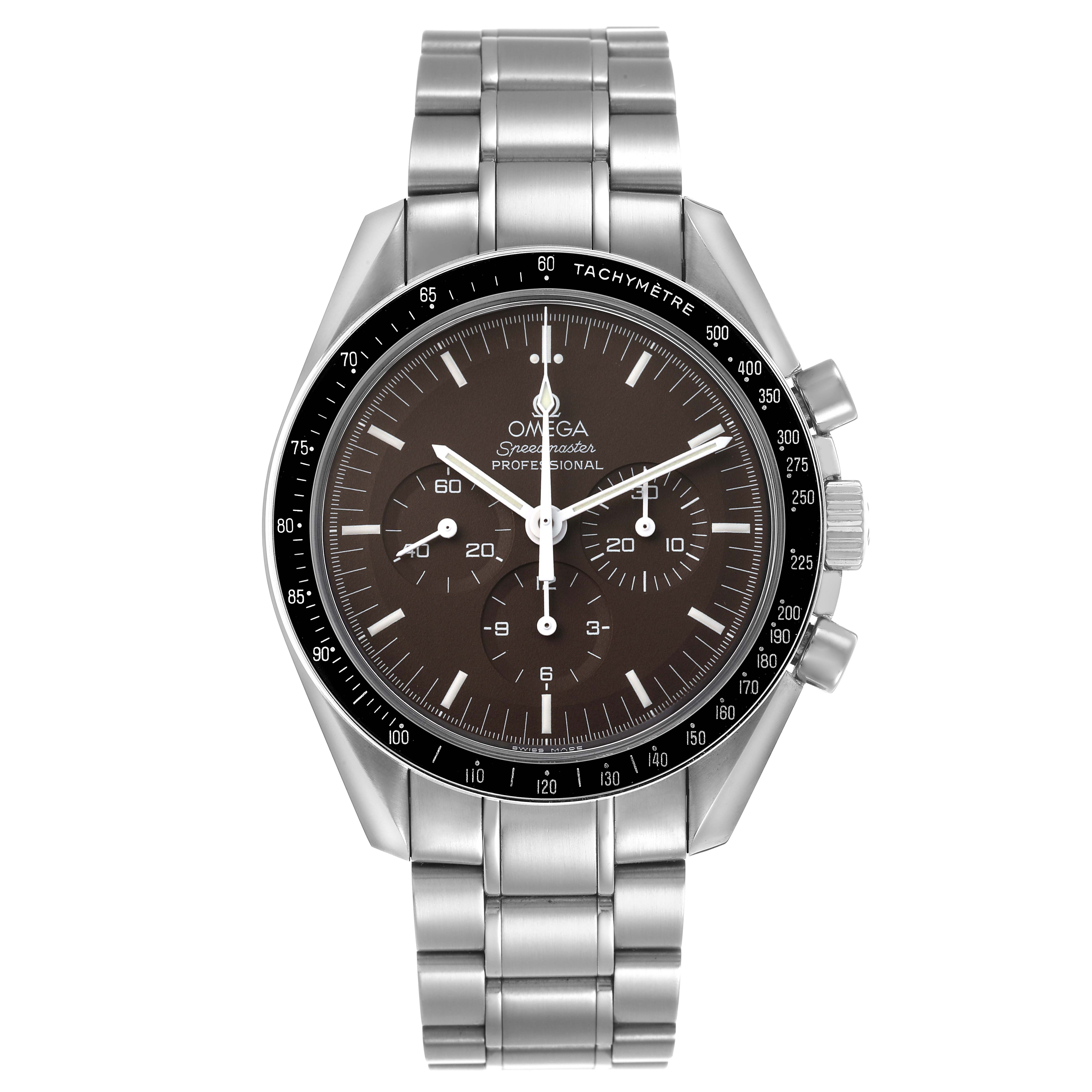 The Omega Speedmaster 311.30.42.30.13.001 Men's Stainless Steel Brown Dial is shown from a front angle, highlighting the black dial, tachymetric bezel, and stainless steel bracelet.
