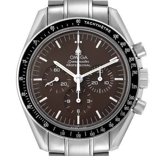 The image shows a frontal view of an Omega Speedmaster 311.30.42.30.13.001 Men's Stainless Steel Brown Dial watch, highlighting the dial, bezel, and metal bracelet.
