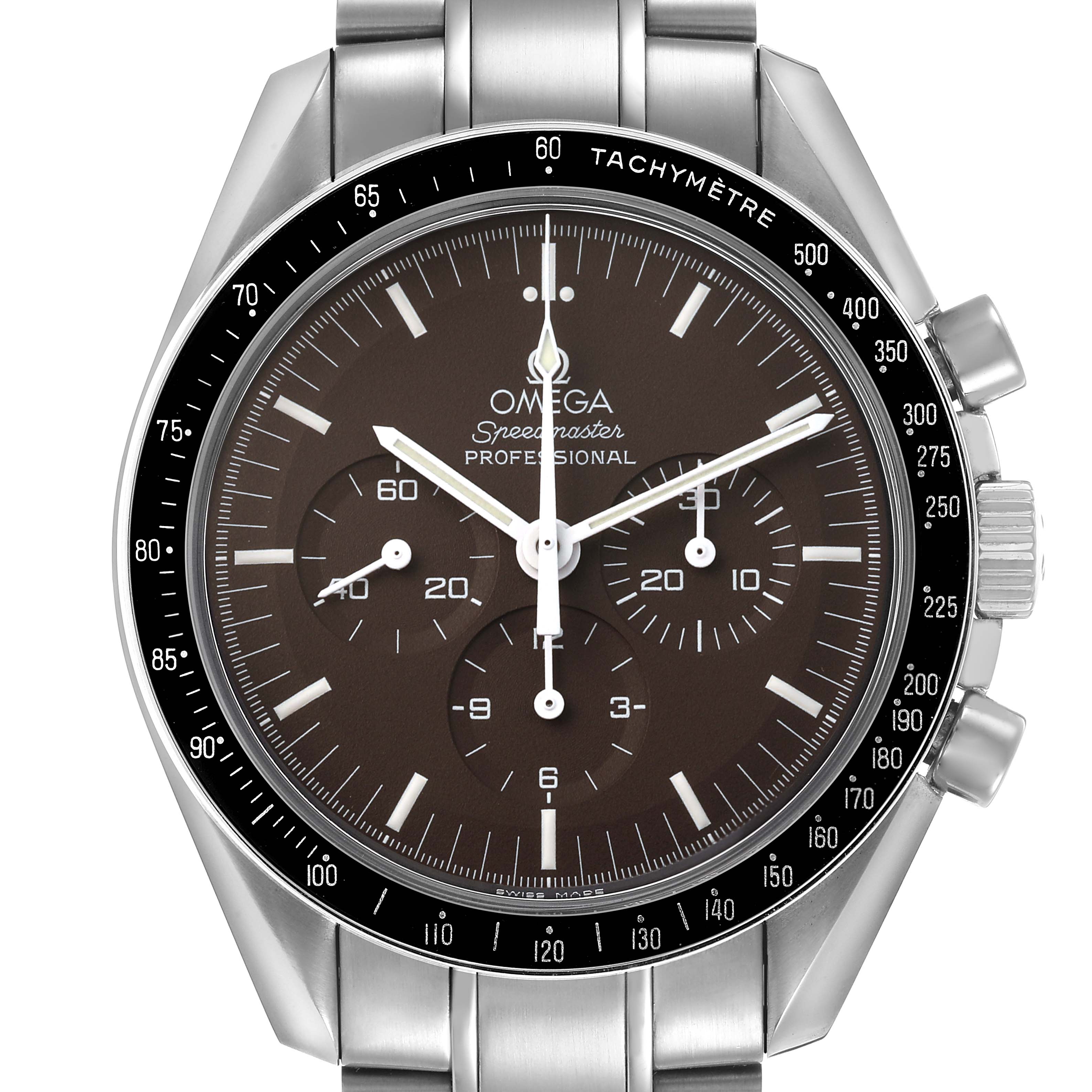 The Omega Speedmaster 311.30.42.30.13.001 Men's Stainless Steel Brown Dial is shown from a front angle, displaying the dial, bezel, subdials, and part of the bracelet.