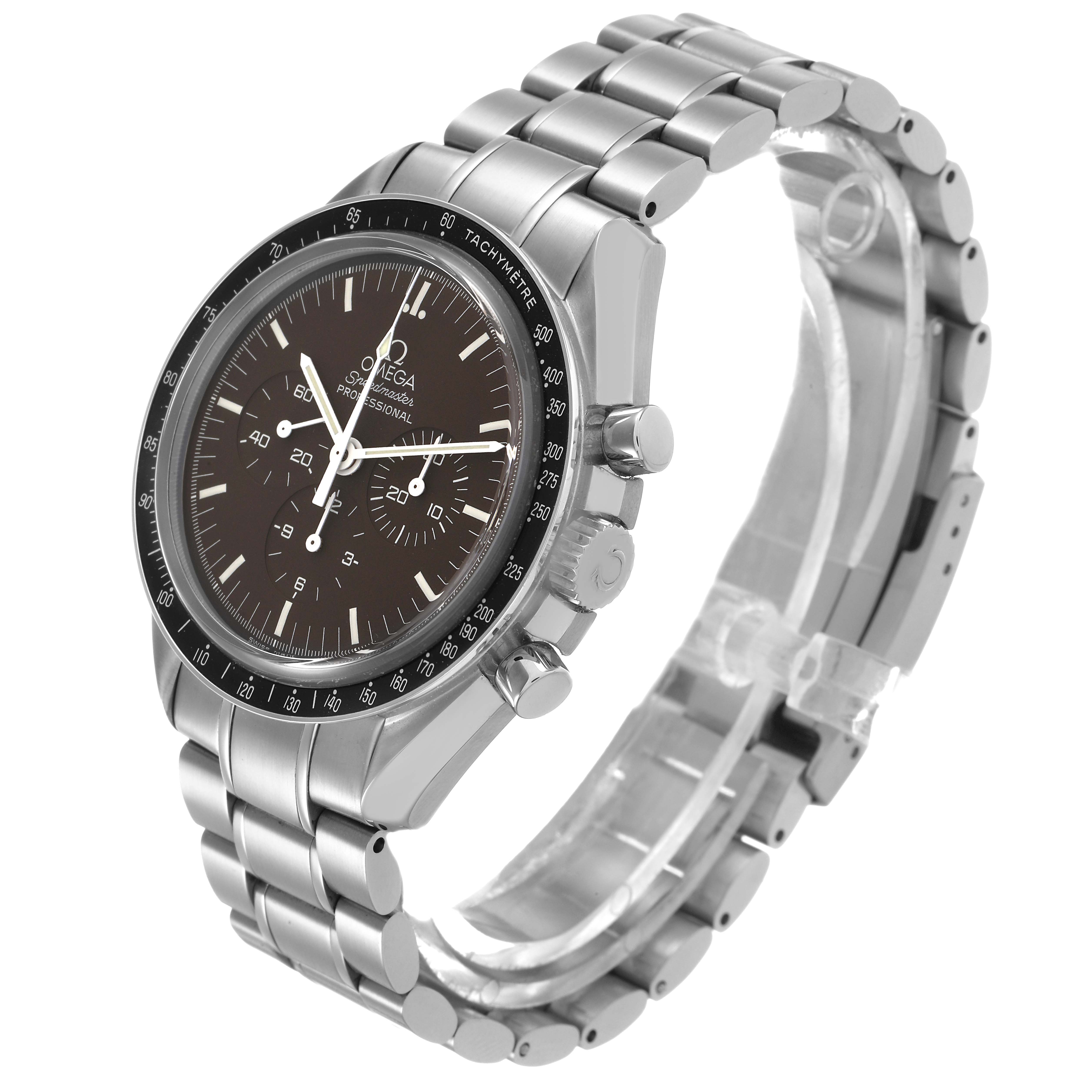 The Omega Speedmaster 311.30.42.30.13.001 Men's Stainless Steel Brown Dial watch is shown at a 3/4 angle, highlighting the dial, bezel, and metal bracelet.