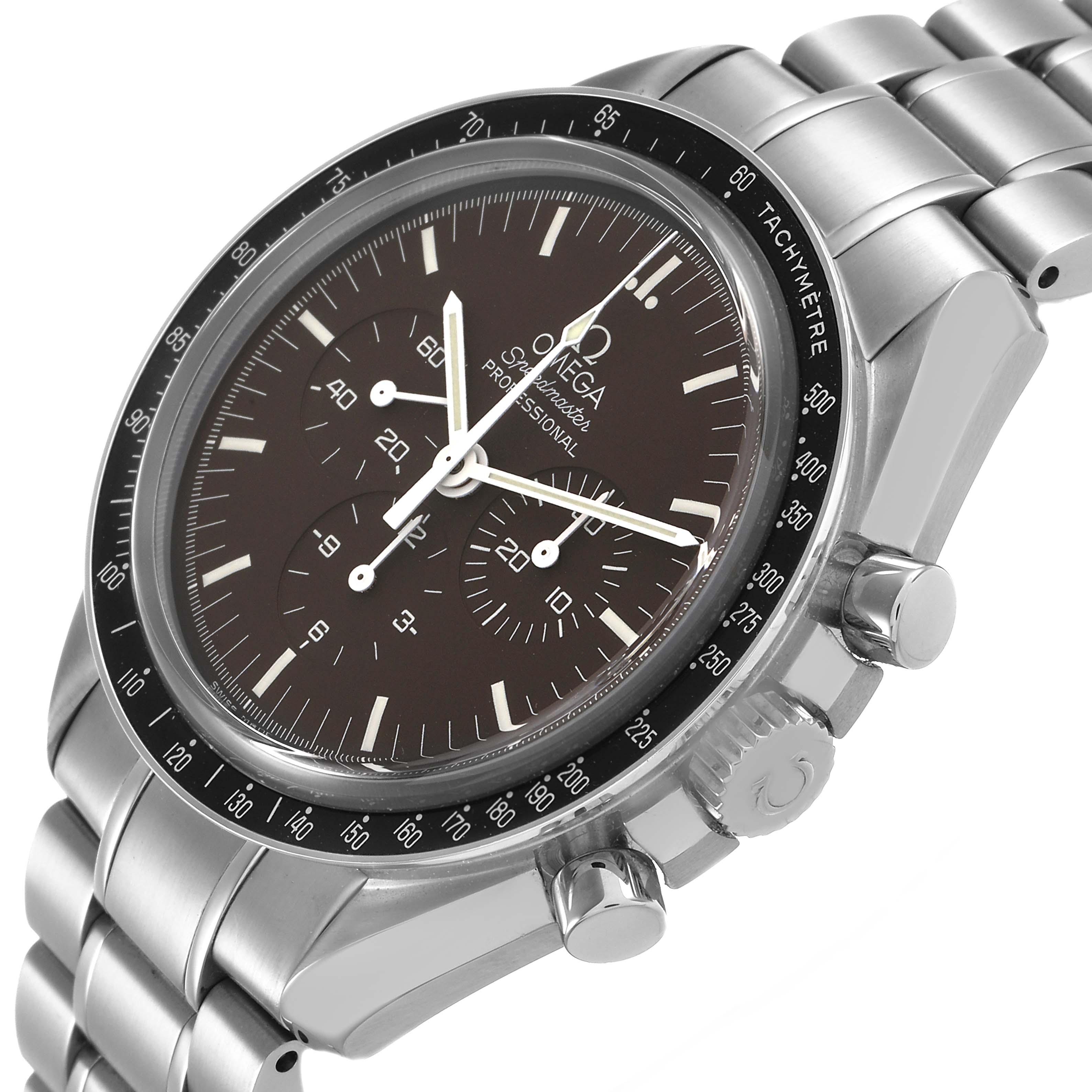 The image shows the Omega Speedmaster 311.30.42.30.13.001 Men's Stainless Steel Brown Dial watch at a slight angle, highlighting the dial, bezel, crown, pushers, and metal bracelet.