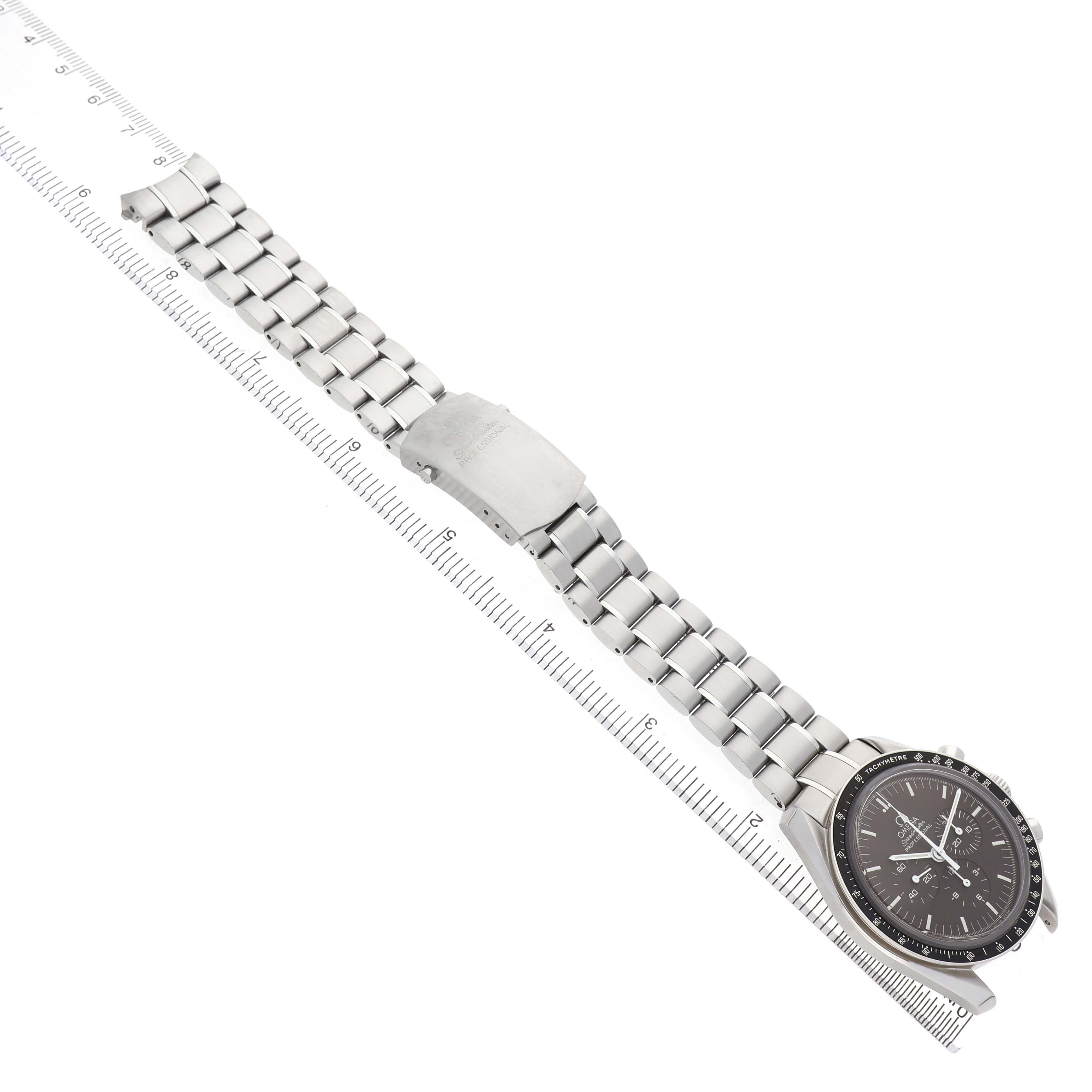 The Omega Speedmaster 311.30.42.30.13.001 Men's Stainless Steel Brown Dial is shown diagonally from an angled top view, displaying the face, bezel, bracelet, and clasp.