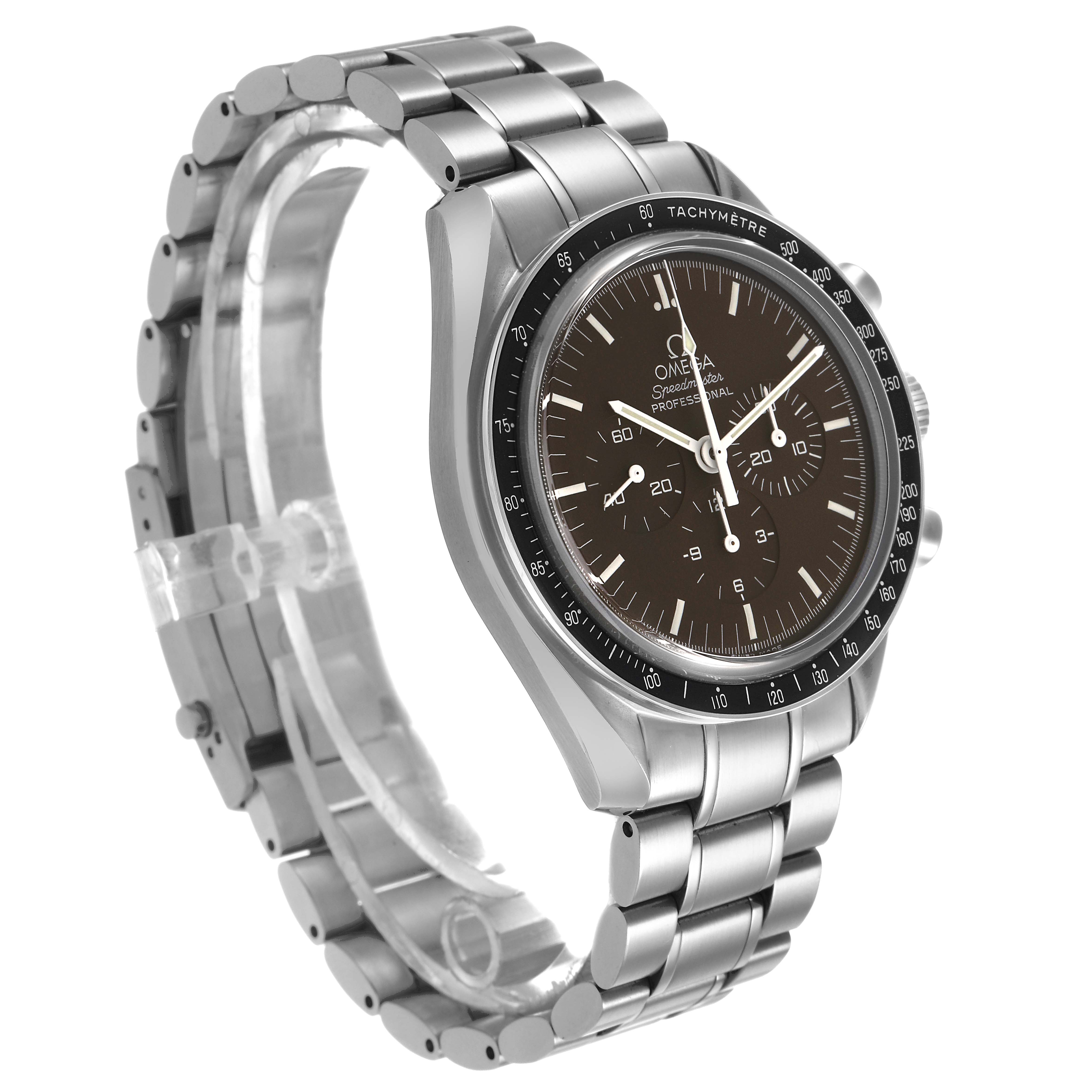 The Omega Speedmaster 311.30.42.30.13.001 Men's Stainless Steel Brown Dial watch is shown from a side angle displaying its face, bezel, and metal bracelet.