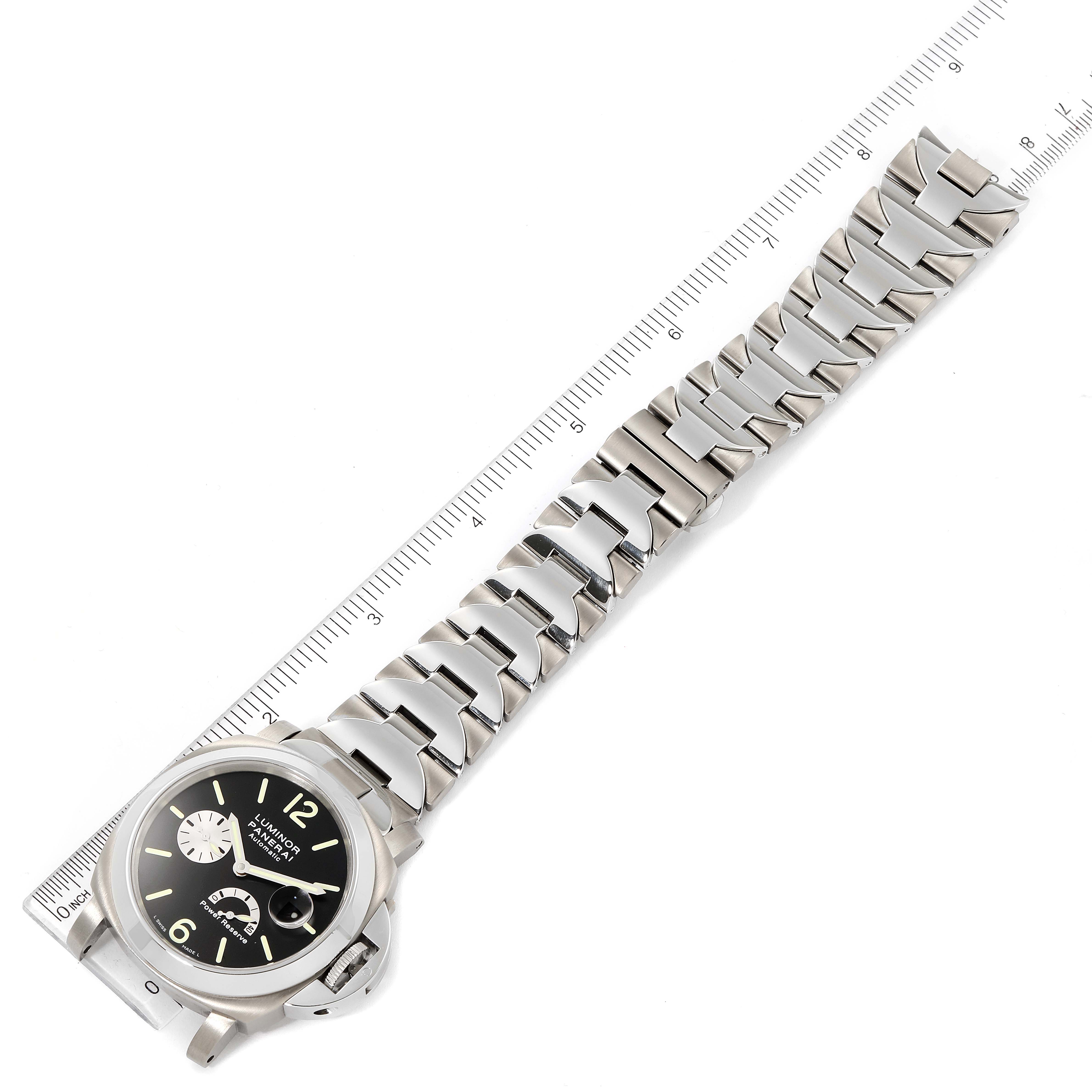 The image shows a Panerai Luminor PAM00171 Men's Titanium Black Dial PAM00171 Men's Titanium Black Dial watch angled slightly from above, displaying the face and metal bracelet against a ruler for scale.