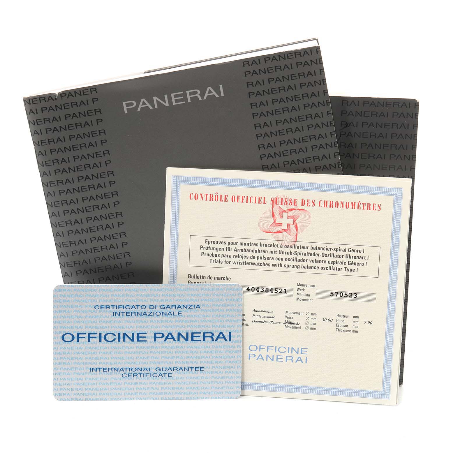 The image shows the packaging and certification documents for a Panerai Luminor PAM00171 Men's Titanium Black Dial PAM00171 Men's Titanium Black Dial watch.