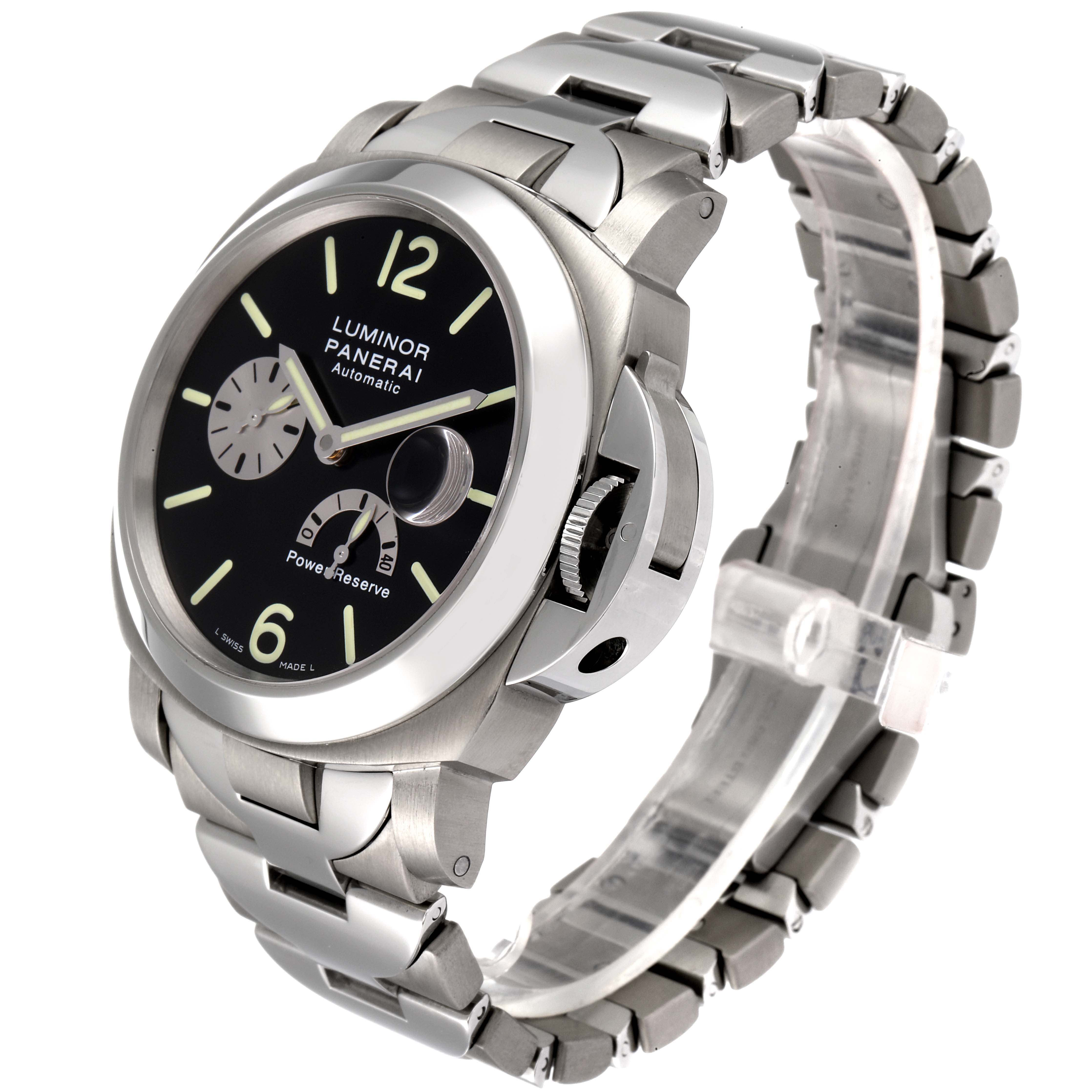 The image shows a Panerai Luminor PAM00171 Men's Titanium Black Dial PAM00171 Men's Titanium Black Dial watch from a three-quarter angle, highlighting its dial, crown guard, and metal bracelet.