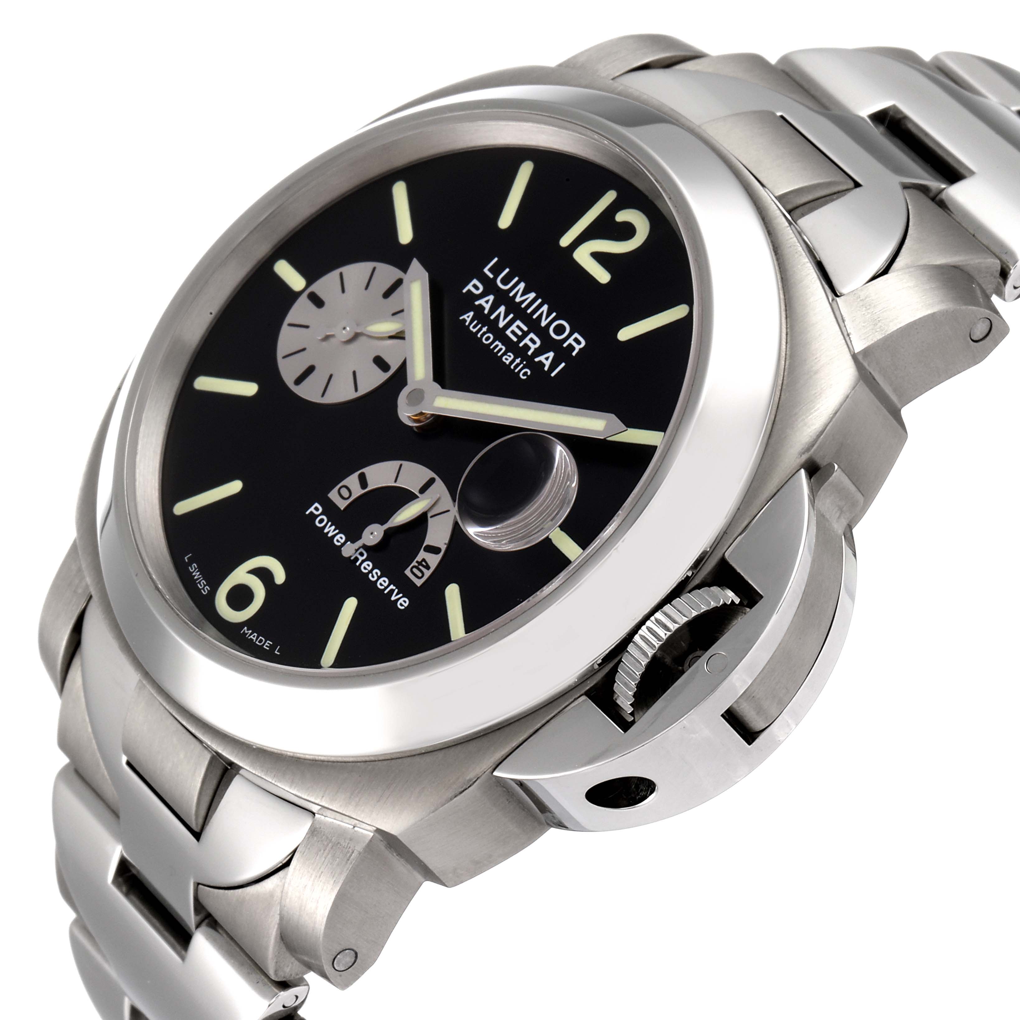 The image shows a Panerai Luminor PAM00171 Men's Titanium Black Dial PAM00171 Men's Titanium Black Dial watch at a slight angle, highlighting the dial, crown guard, and stainless steel bracelet.
