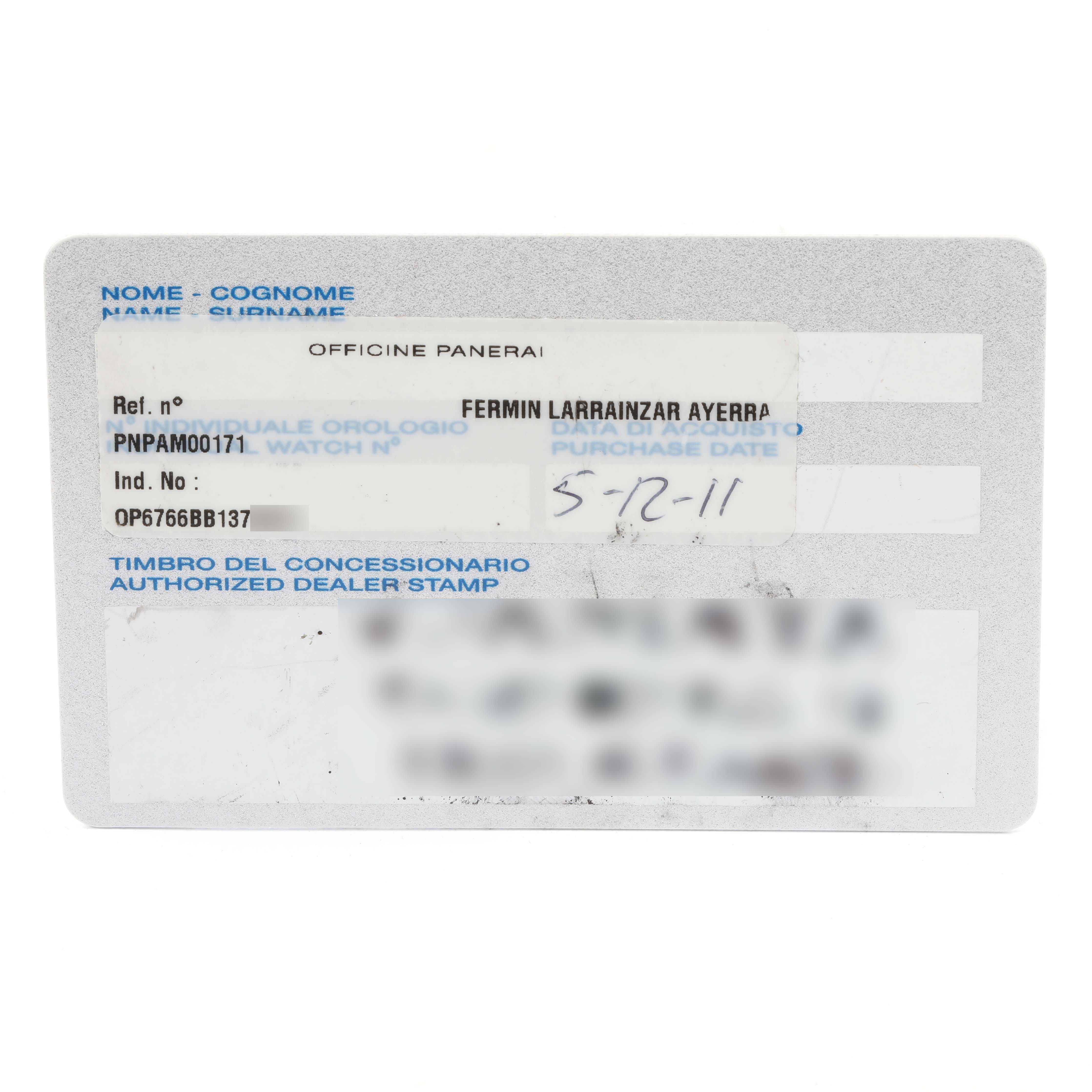 This image shows an ID card for a Panerai Luminor PAM00171 Men's Titanium Black Dial PAM00171 Men's Titanium Black Dial model watch, displaying owner details, reference, and purchase information.