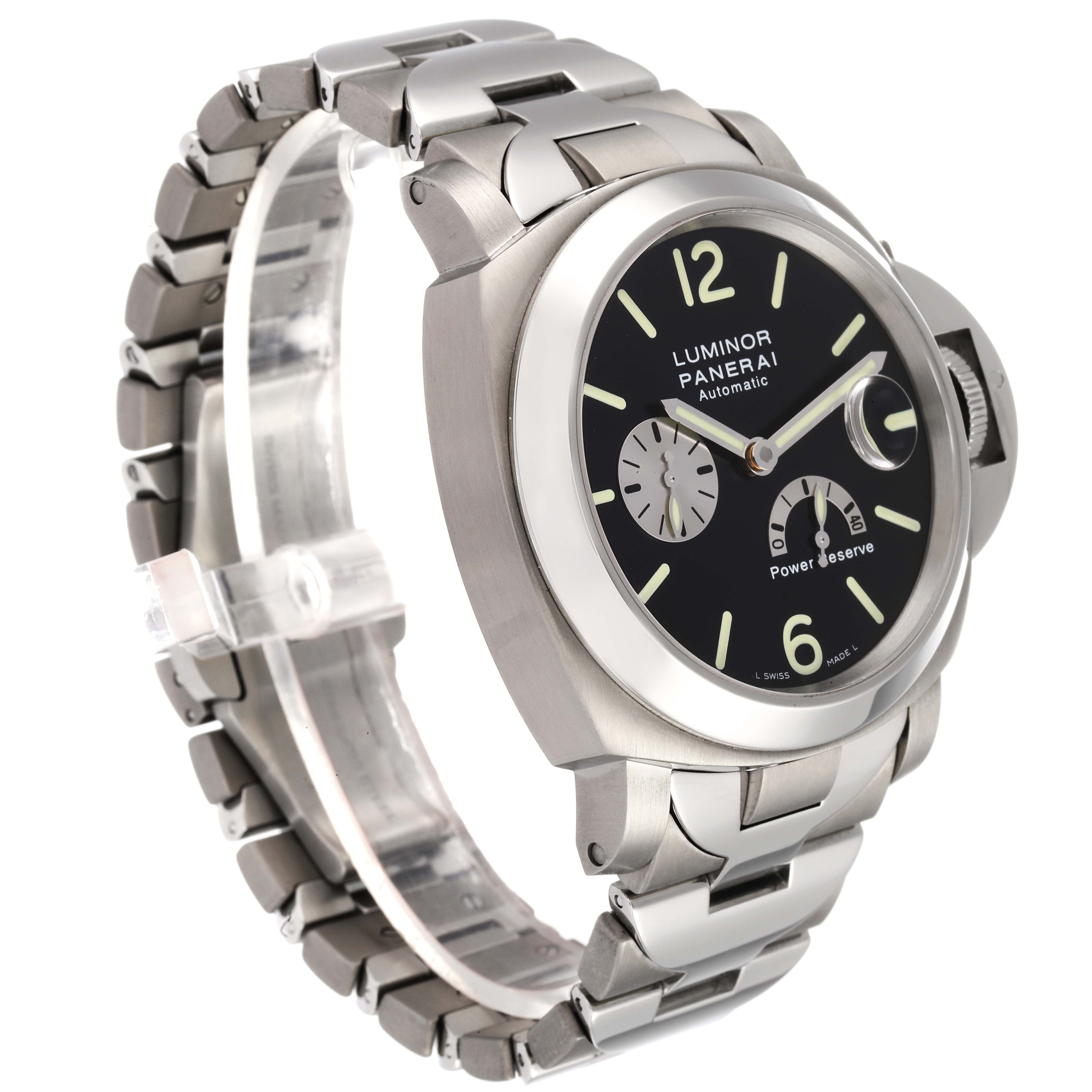 The image shows a Panerai Luminor PAM00171 Men's Titanium Black Dial PAM00171 Men's Titanium Black Dial watch at a three-quarter angle, displaying its dial, case, and metal bracelet.