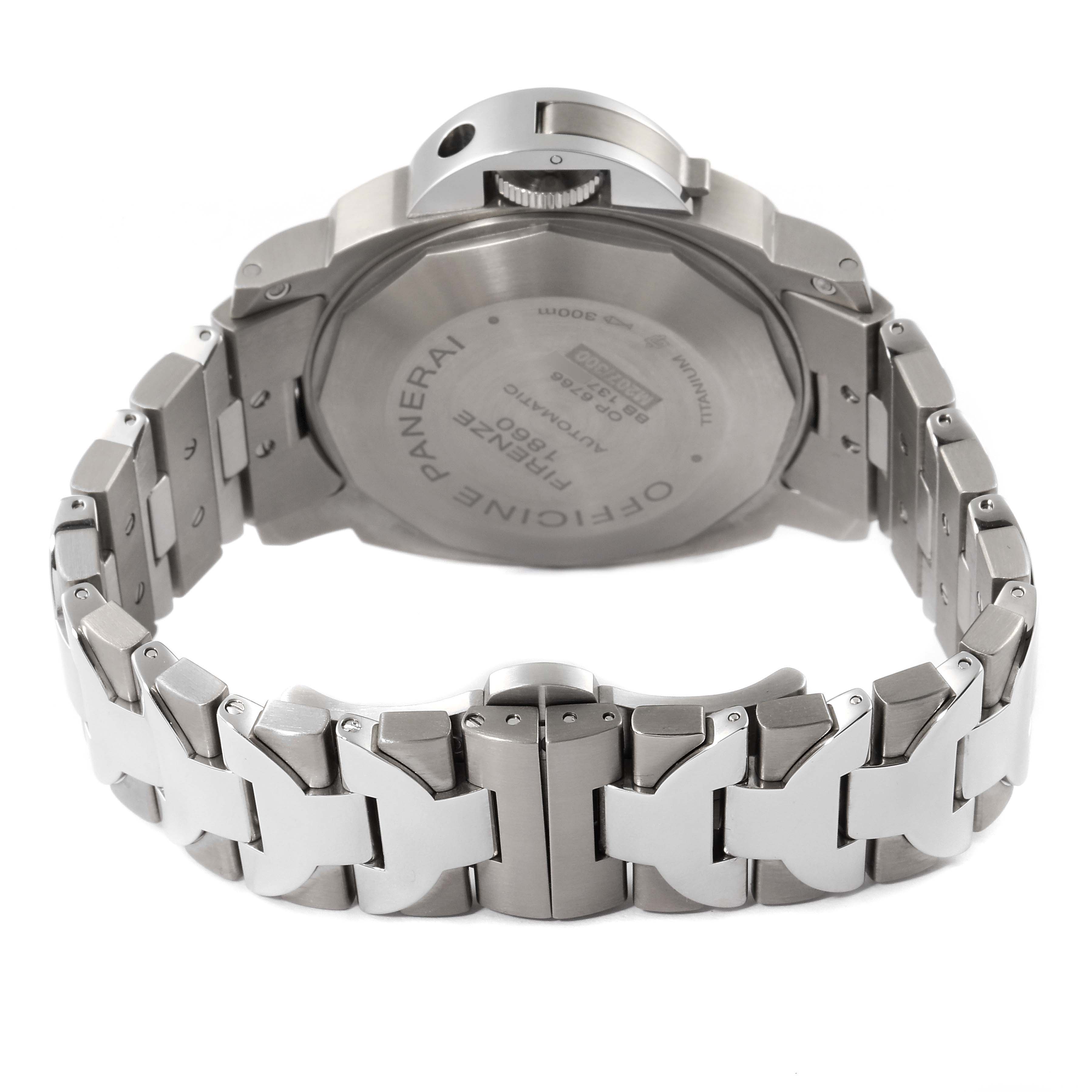 This image shows the back side of a Panerai Luminor PAM00171 Men's Titanium Black Dial PAM00171 Men's Titanium Black Dial watch, highlighting its case back and metal bracelet.