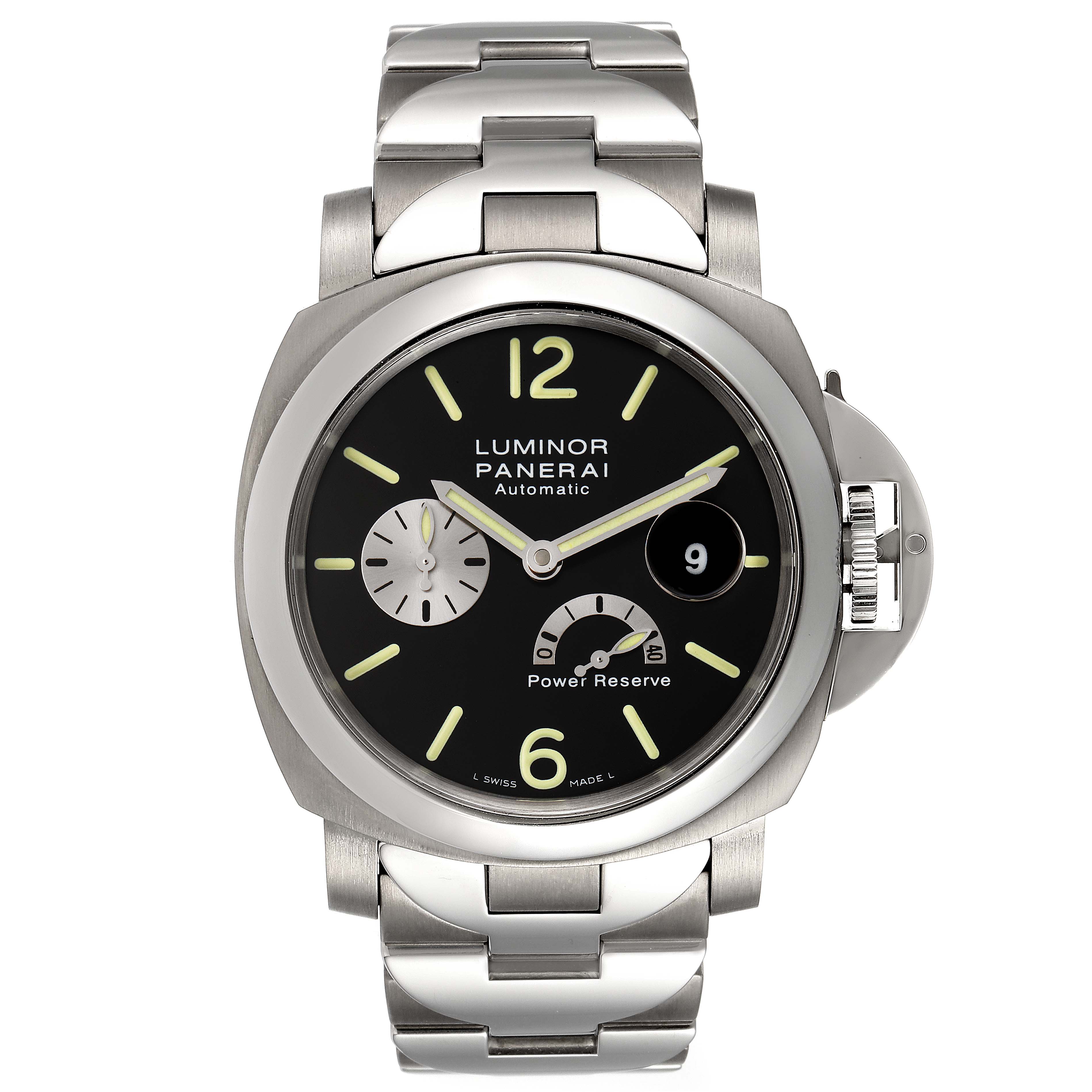 This Panerai Luminor PAM00171 Men's Titanium Black Dial PAM00171 Men's Titanium Black Dial watch is shown from a straight-on angle, displaying its face, bezel, crown guard, and metal bracelet.