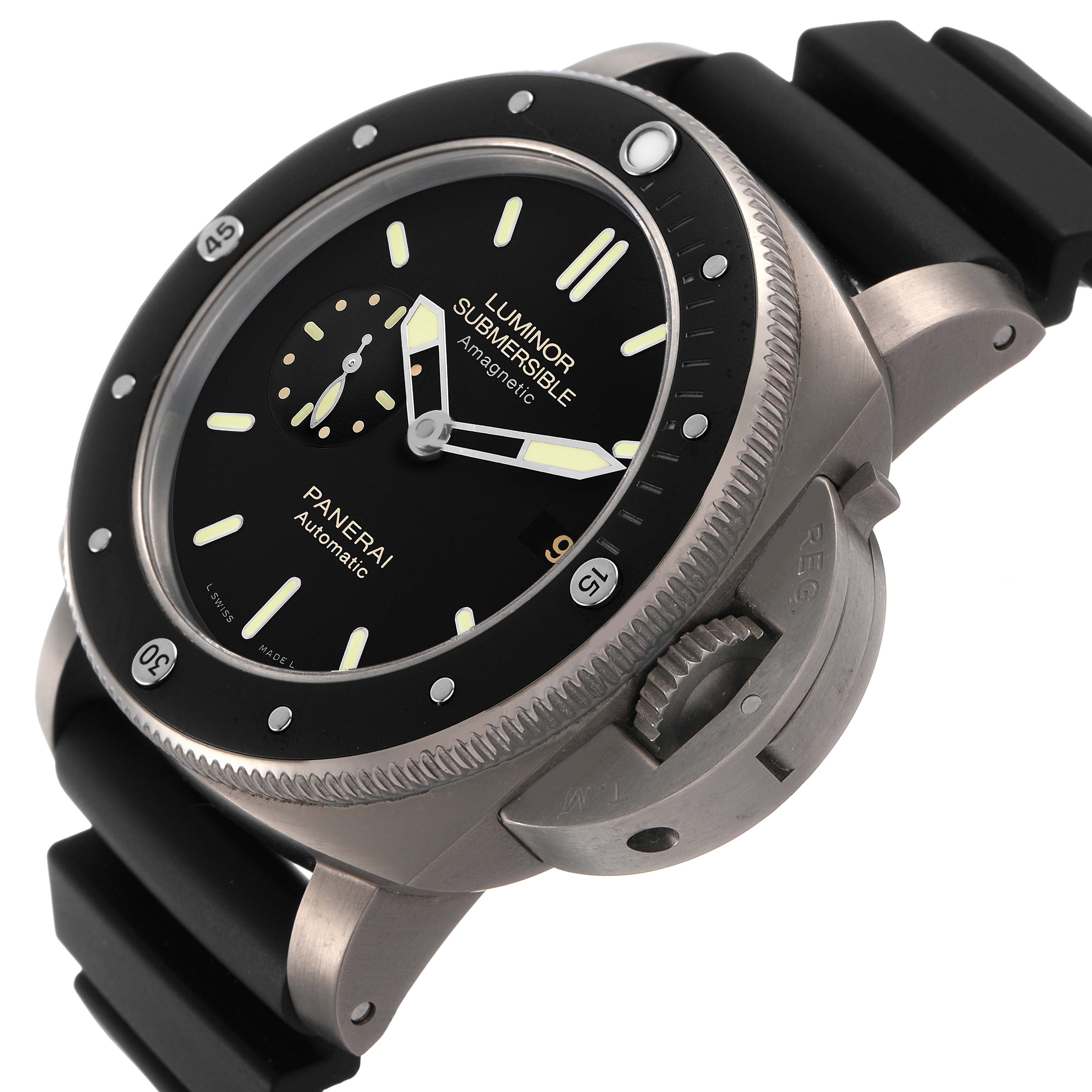 The Panerai Luminor PAM00389 Men's Titanium Black Dial watch is shown at an angled side view, highlighting the dial, bezel, crown guard, and strap.