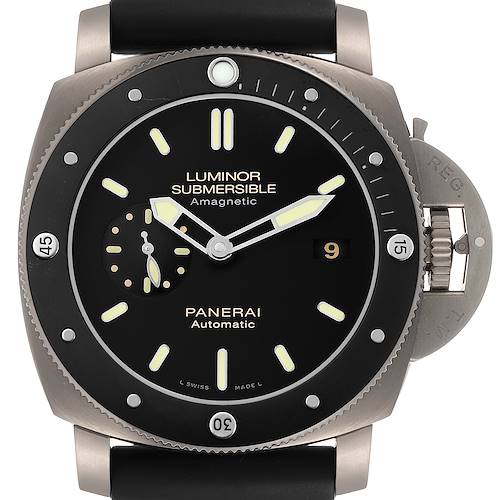 The Panerai Luminor PAM00389 Men's Titanium Black Dial model is shown from a front view, highlighting the dial, bezel, and crown guard.