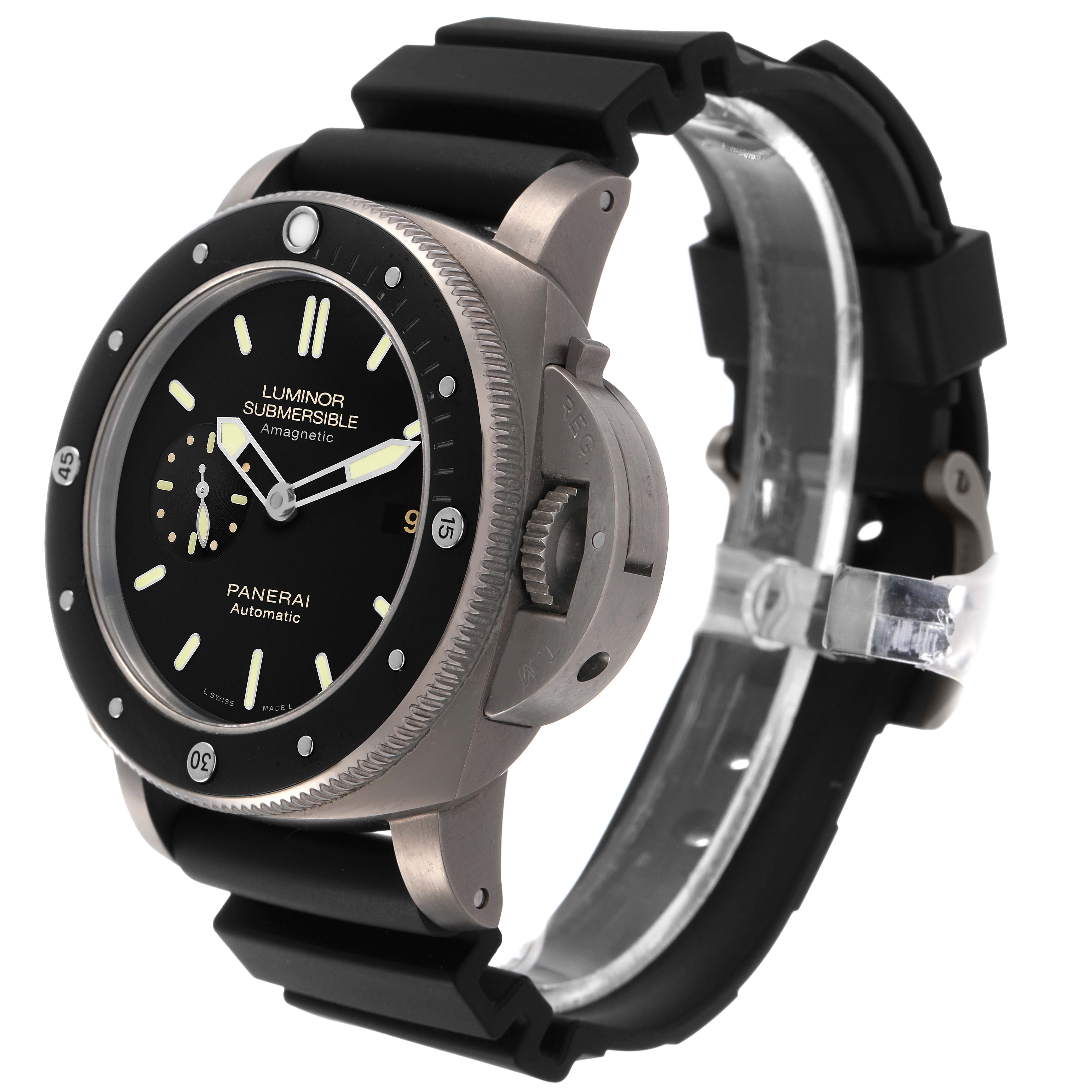 The Panerai Luminor PAM00389 Men's Titanium Black Dial watch is shown from a three-quarter angle, highlighting the face, bezel, crown guard, and strap.
