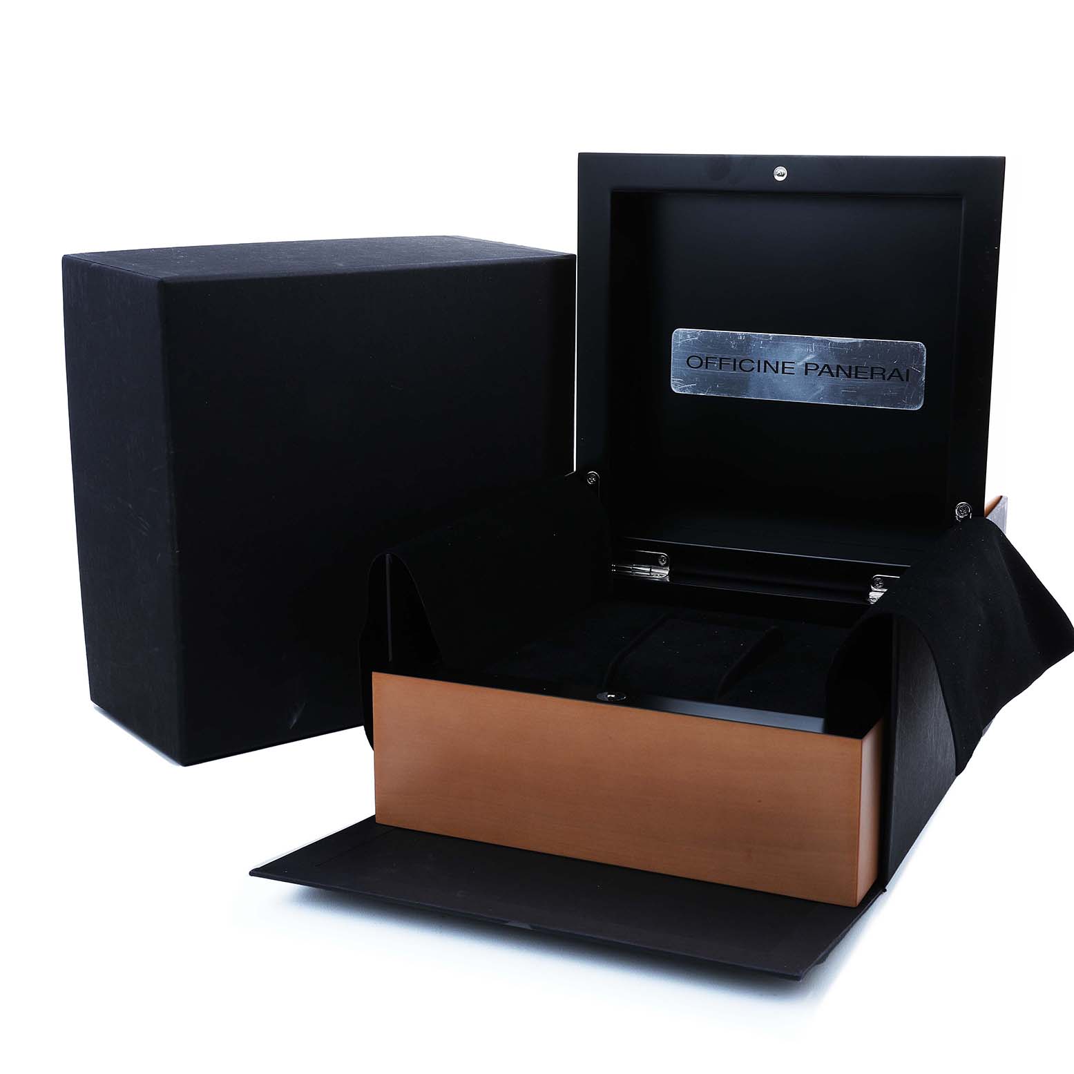The image shows an opened Panerai Luminor PAM00389 Men's Titanium Black Dial watch box from a front angle, displaying the inner and outer boxes.