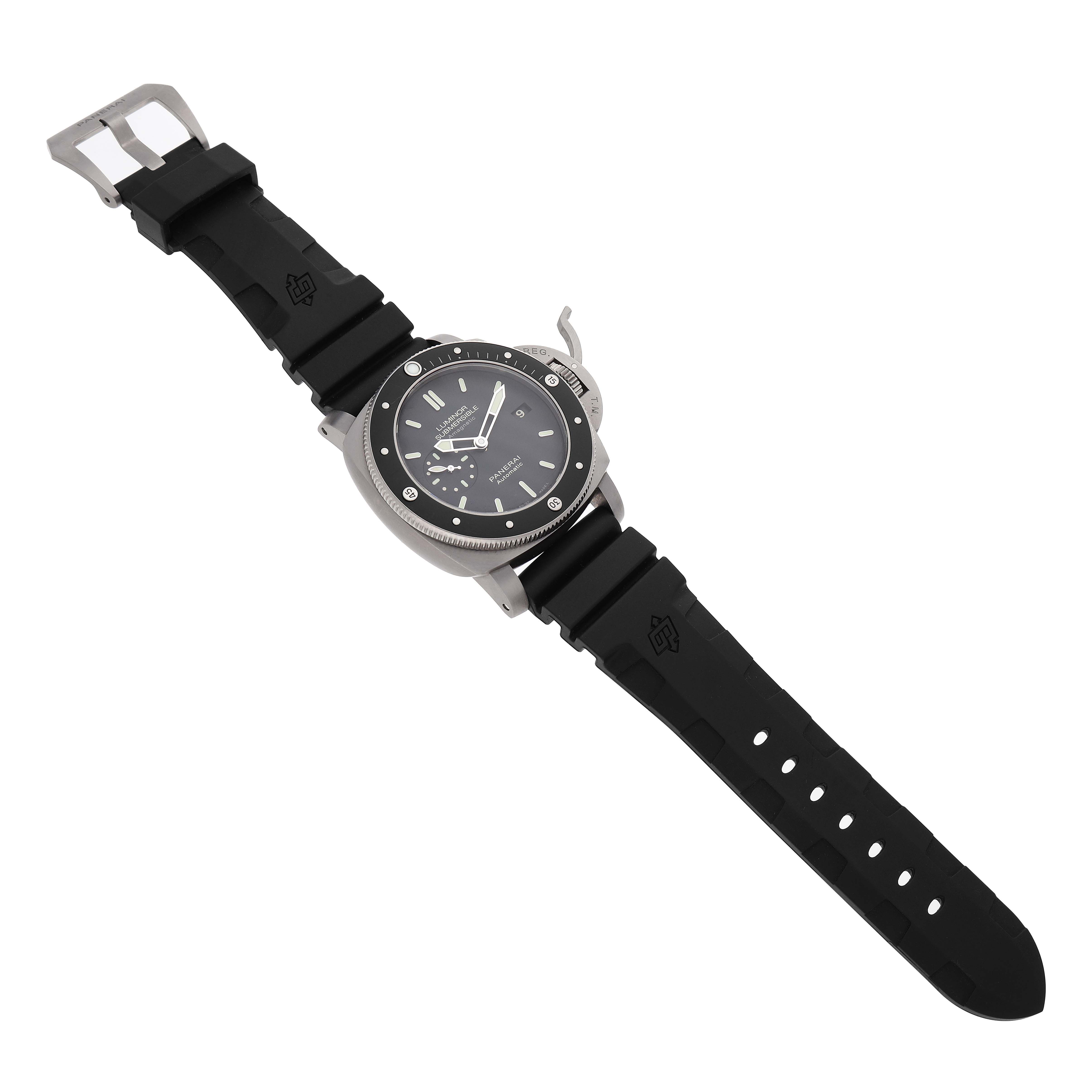 The Panerai Luminor PAM00389 Men's Titanium Black Dial watch is shown at a slight angled top view, highlighting the face, bezel, and black strap.