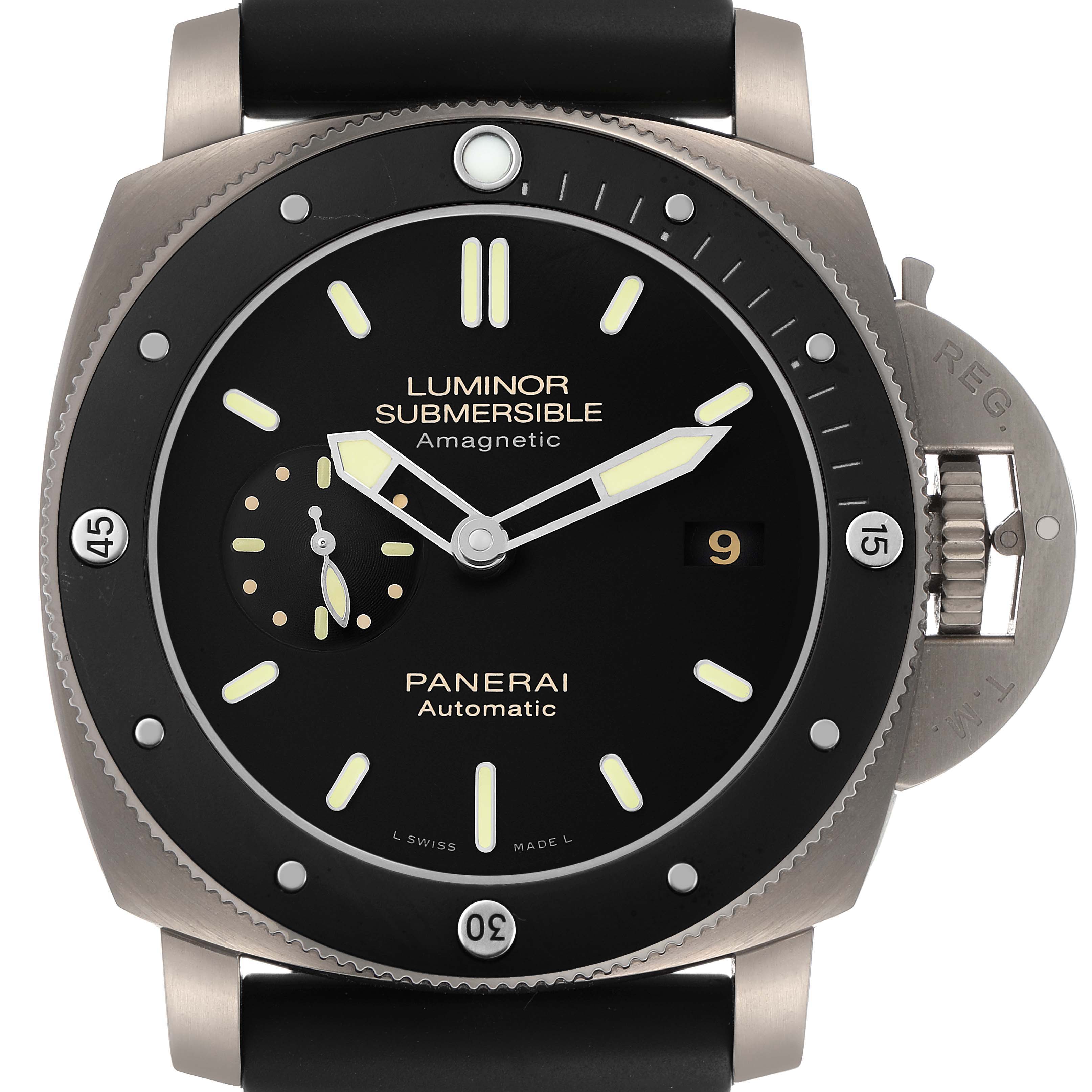 The Panerai Luminor PAM00389 Men's Titanium Black Dial watch is shown from the front, displaying its black dial, luminescent markers, and crown guard.