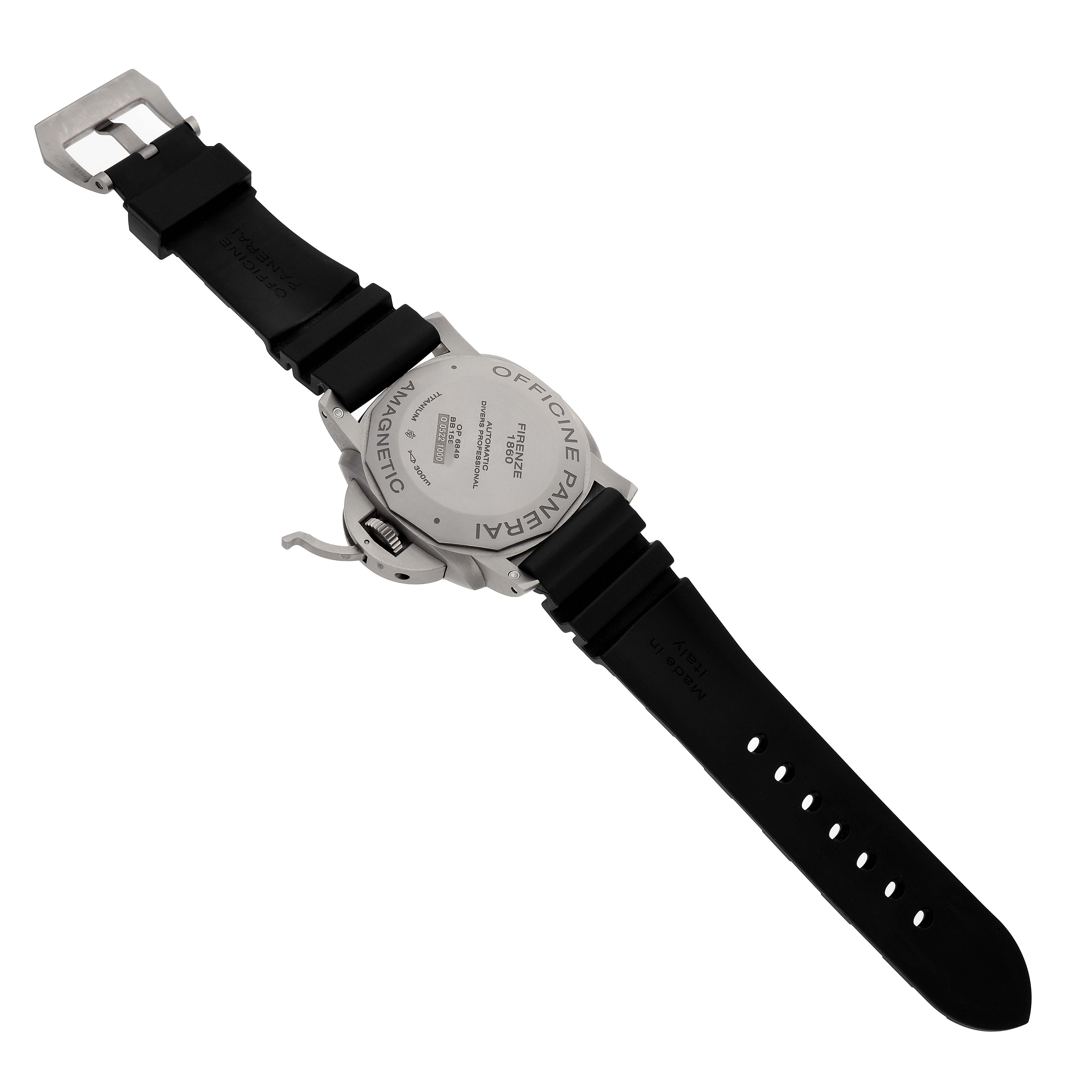 The image shows the Panerai Luminor PAM00389 Men's Titanium Black Dial's back case and strap from a rear angle.