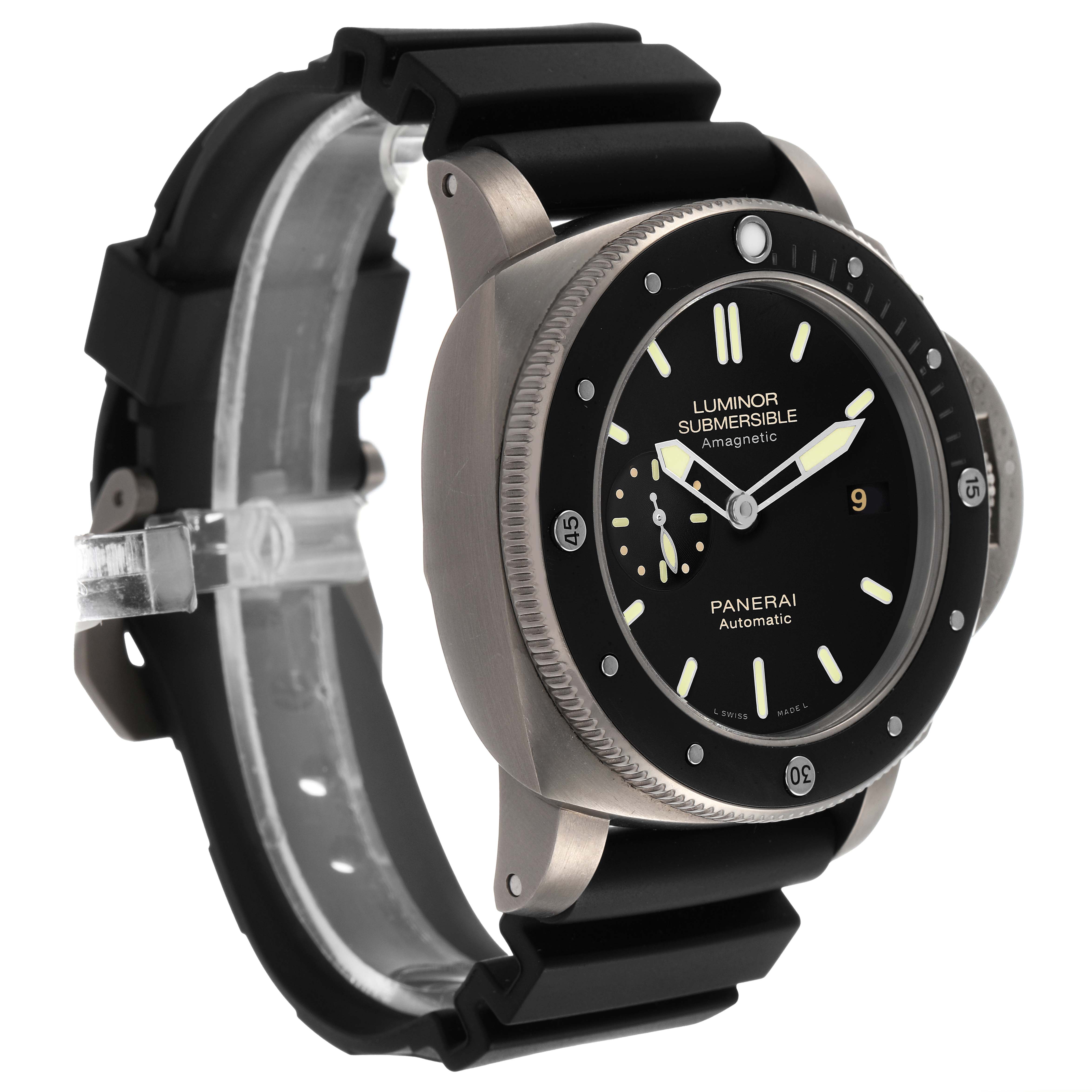 The Panerai Luminor PAM00389 Men's Titanium Black Dial watch is shown at a slight side angle, highlighting the face, bezel, and black rubber strap.