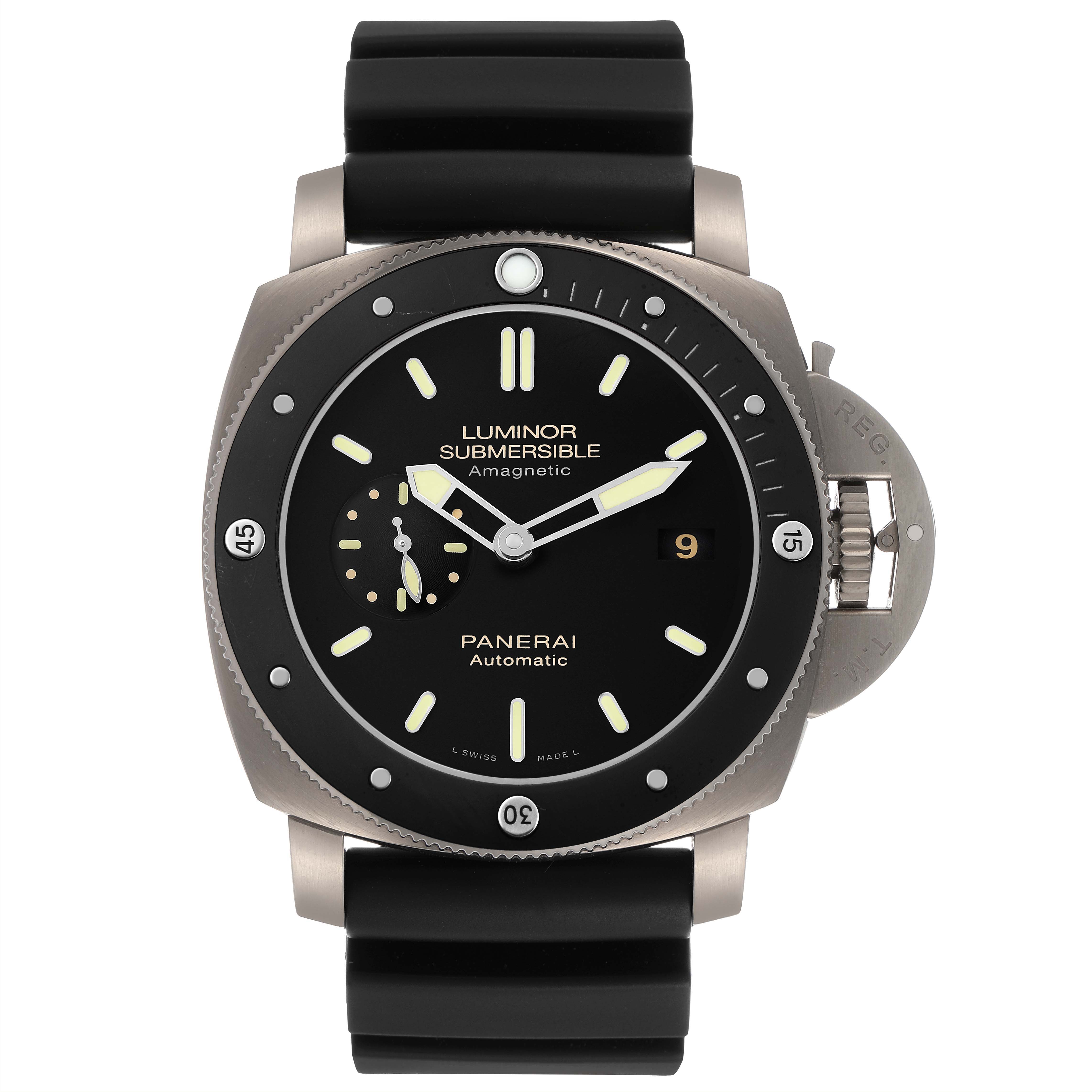 The image shows a front view of a Panerai Luminor PAM00389 Men's Titanium Black Dial watch, highlighting the dial, bezel, and crown-guard.