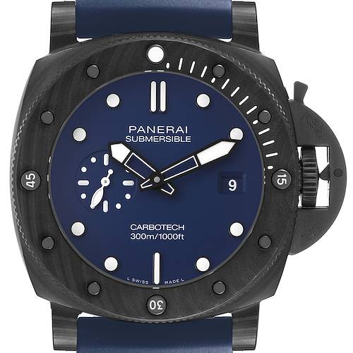 The Panerai Submersible PAM01232 Men's Ceramic Blue Dial watch is shown from a top-down angle, highlighting the dial, bezel, crown guard, and strap.