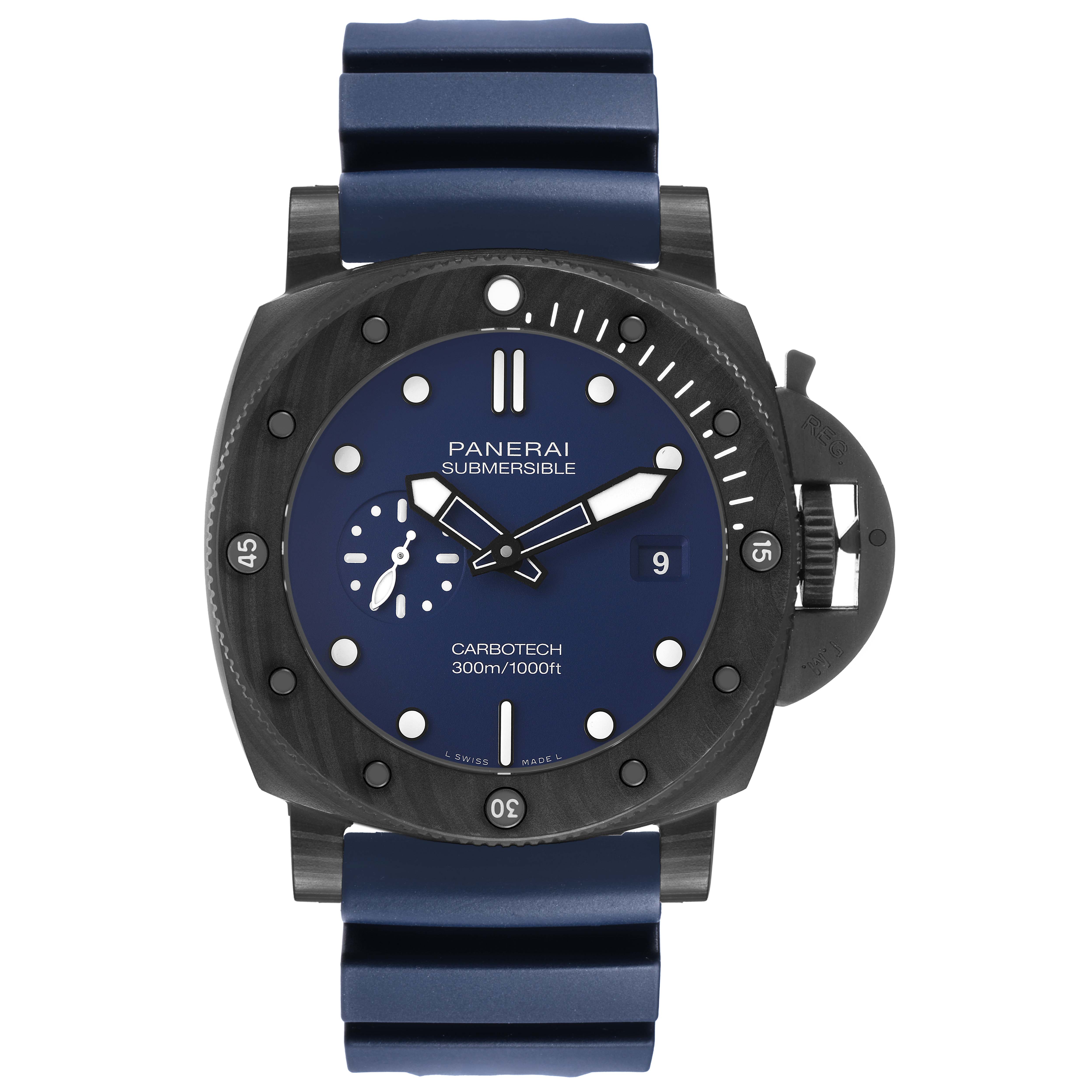 The Panerai Submersible PAM01232 Men's Ceramic Blue Dial watch is shown from a top-down angle, highlighting the face, bezel, and blue strap.