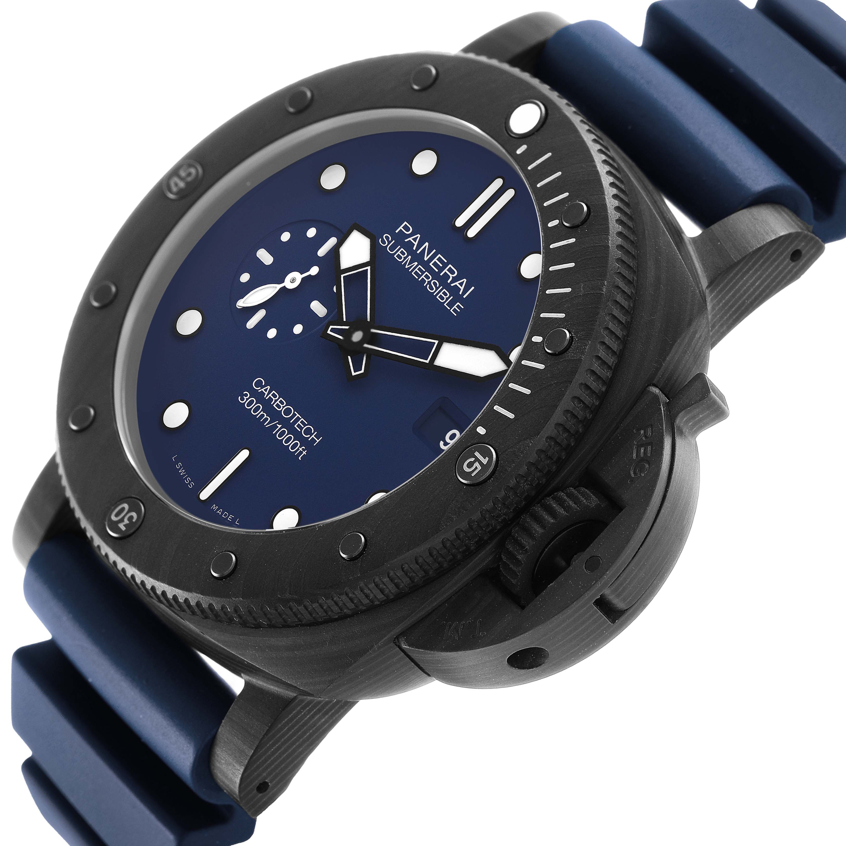 The Panerai Submersible PAM01232 Men's Ceramic Blue Dial watch is shown at an angle focusing on the dial, bezel, and strap connection.