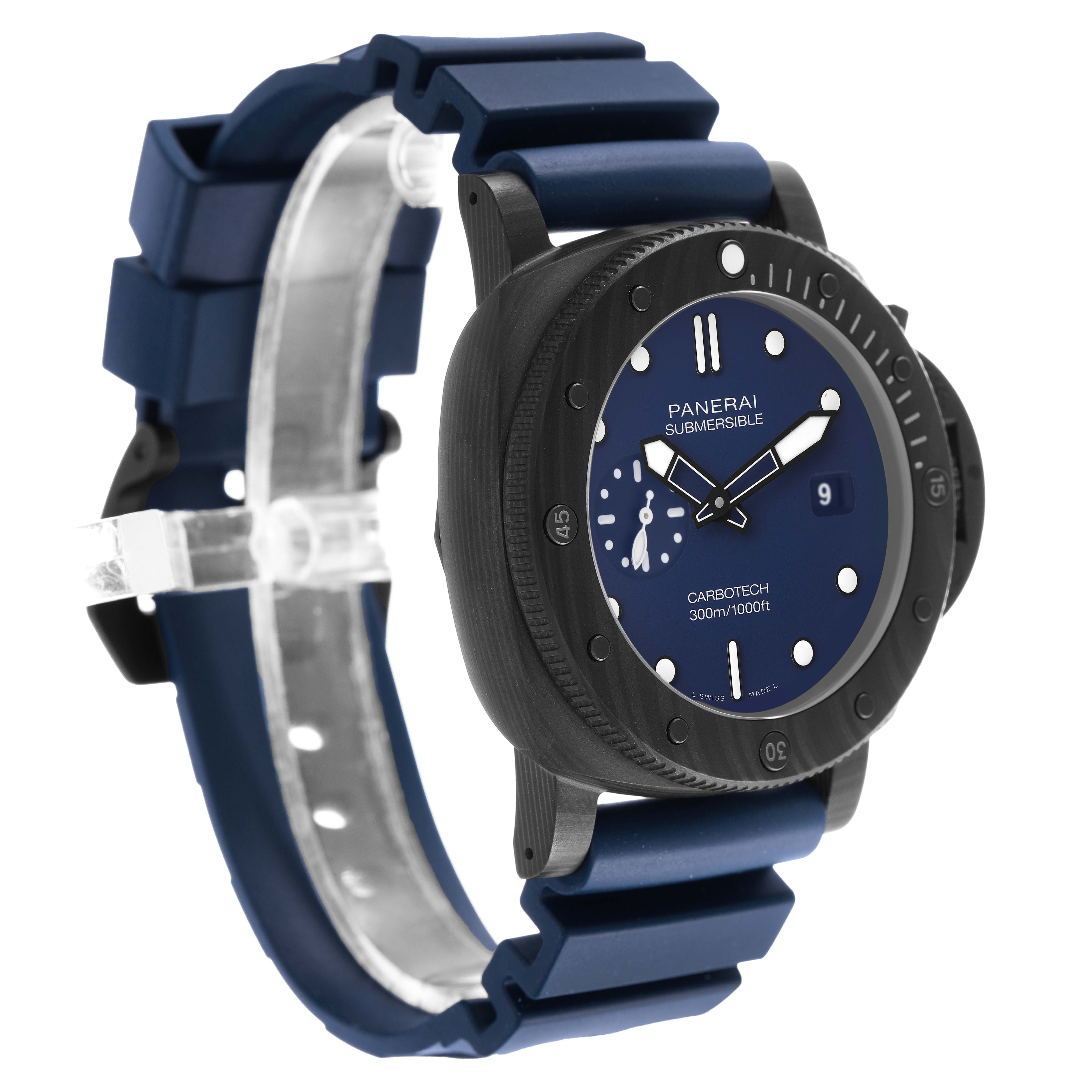 The Panerai Submersible PAM01232 Men's Ceramic Blue Dial watch is shown at an angled side view, highlighting the blue dial, bezel, and strap.