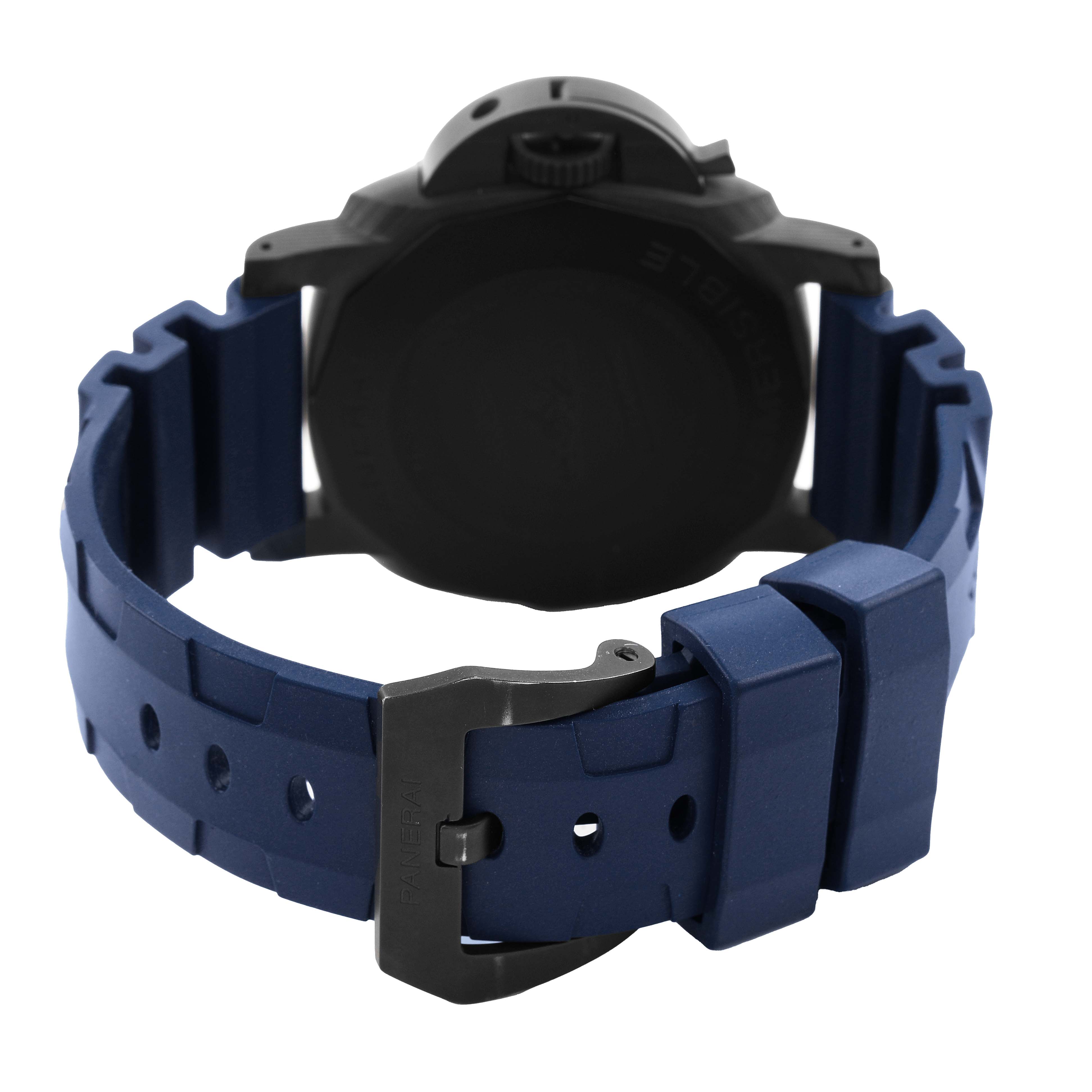 The image shows the back case and blue strap of a Panerai Submersible PAM01232 Men's Ceramic Blue Dial watch from a rear angle.