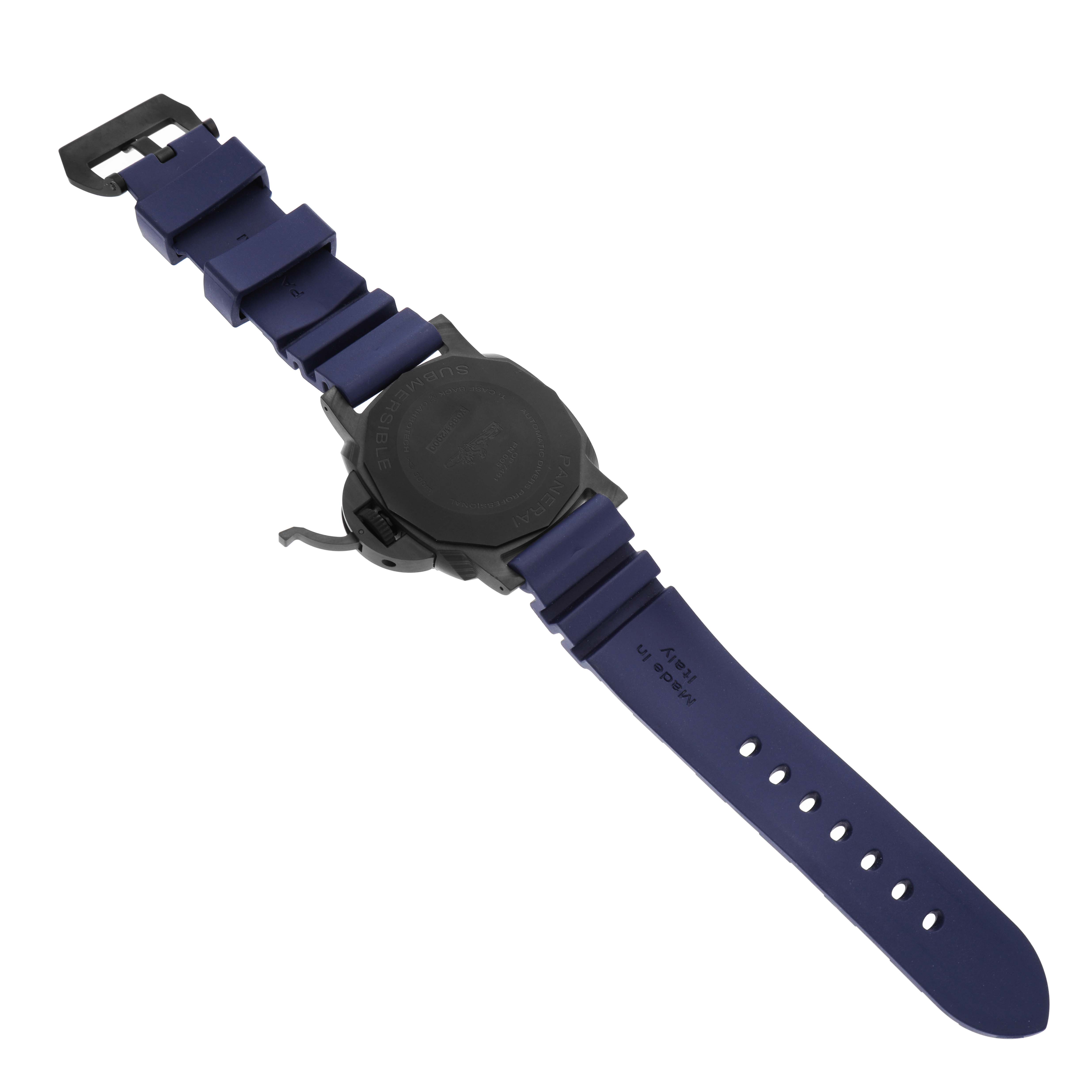 The image shows the back view of a Panerai Submersible PAM01232 Men's Ceramic Blue Dial watch, highlighting the watch case back and blue strap.