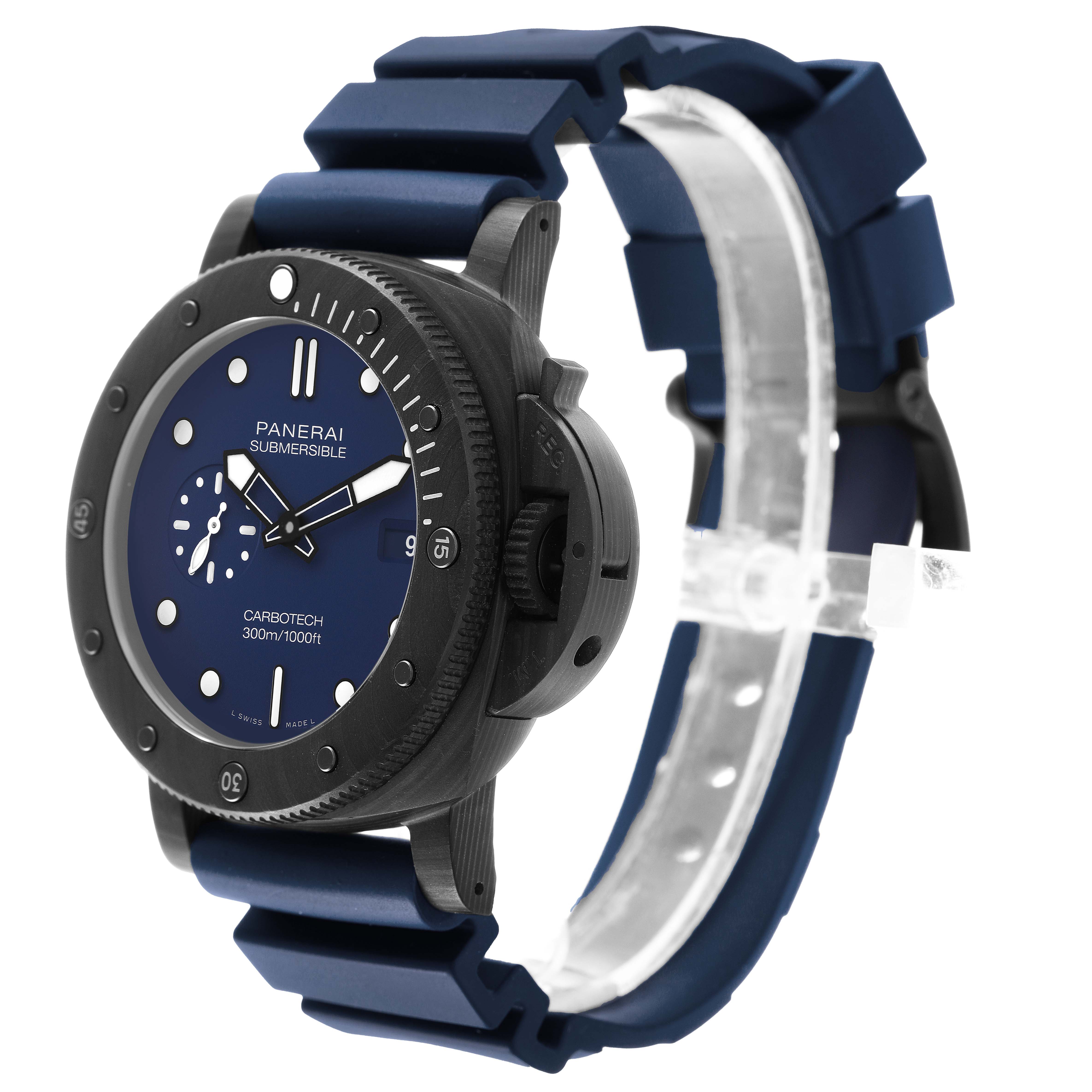 The Panerai Submersible PAM01232 Men's Ceramic Blue Dial watch is shown at a three-quarter angle, highlighting the case, dial, bezel, and blue strap.