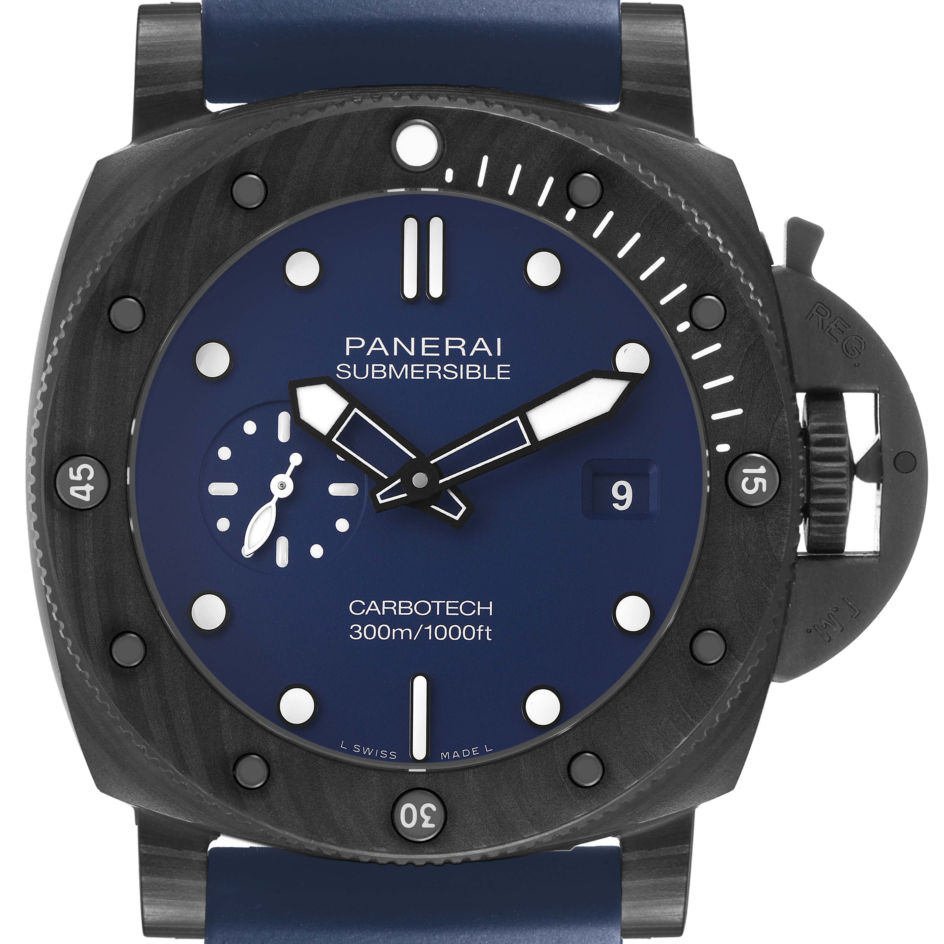 The Panerai Submersible PAM01232 Men's Ceramic Blue Dial watch is shown from a top-down angle, featuring its black bezel, blue face, and strap.